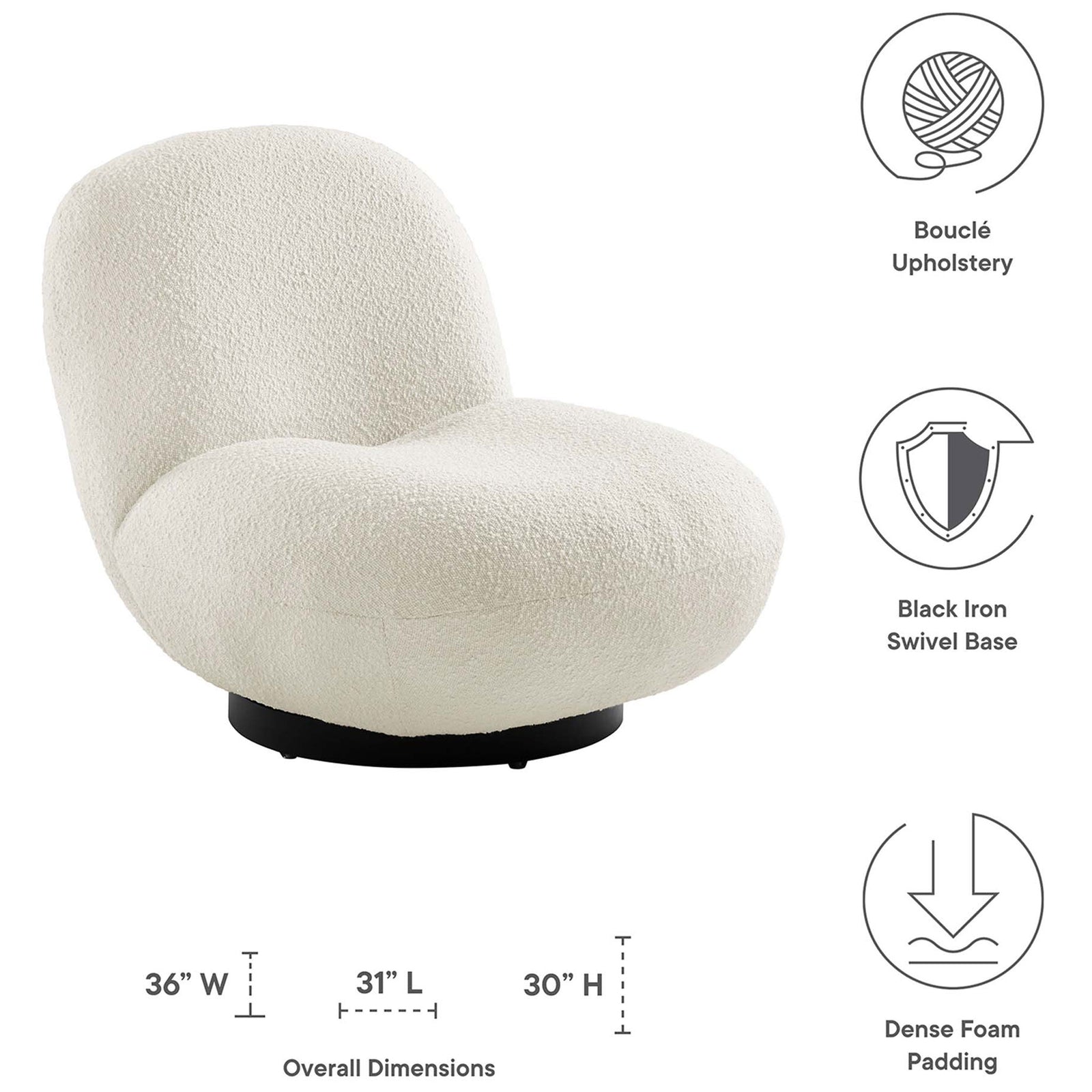 Modern boucle lounge chair featuring dense cushioning and a clean black metal base || EEI-5486-BLK-IVO || dimension_studio