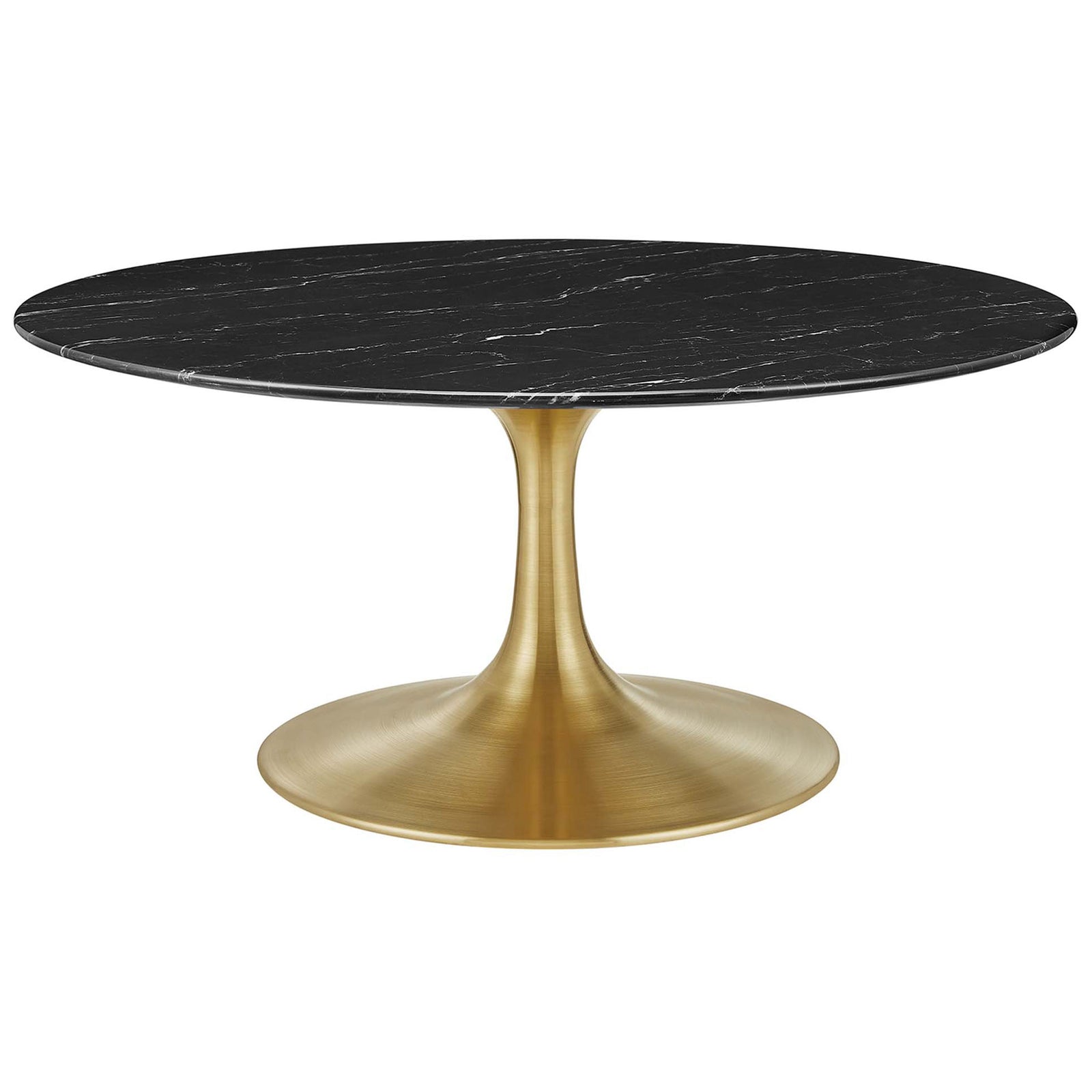 Black faux marble round top with beveled edge and gold pedestal base deliver mid-century style || EEI-5521-GLD-BLK || front_studio