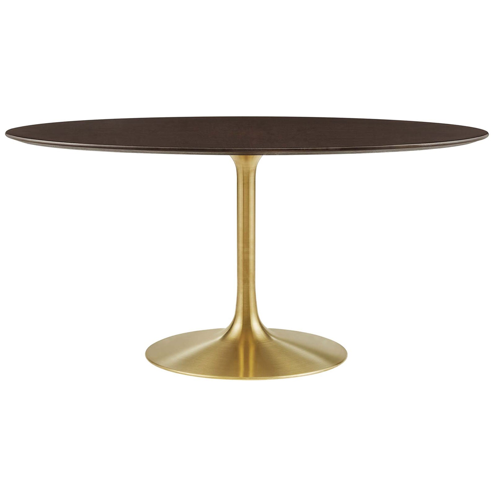 60 inch oval walnut dining table with brushed gold pedestal base for chic modern gatherings || EEI-5524-GLD-CHE || front_studio