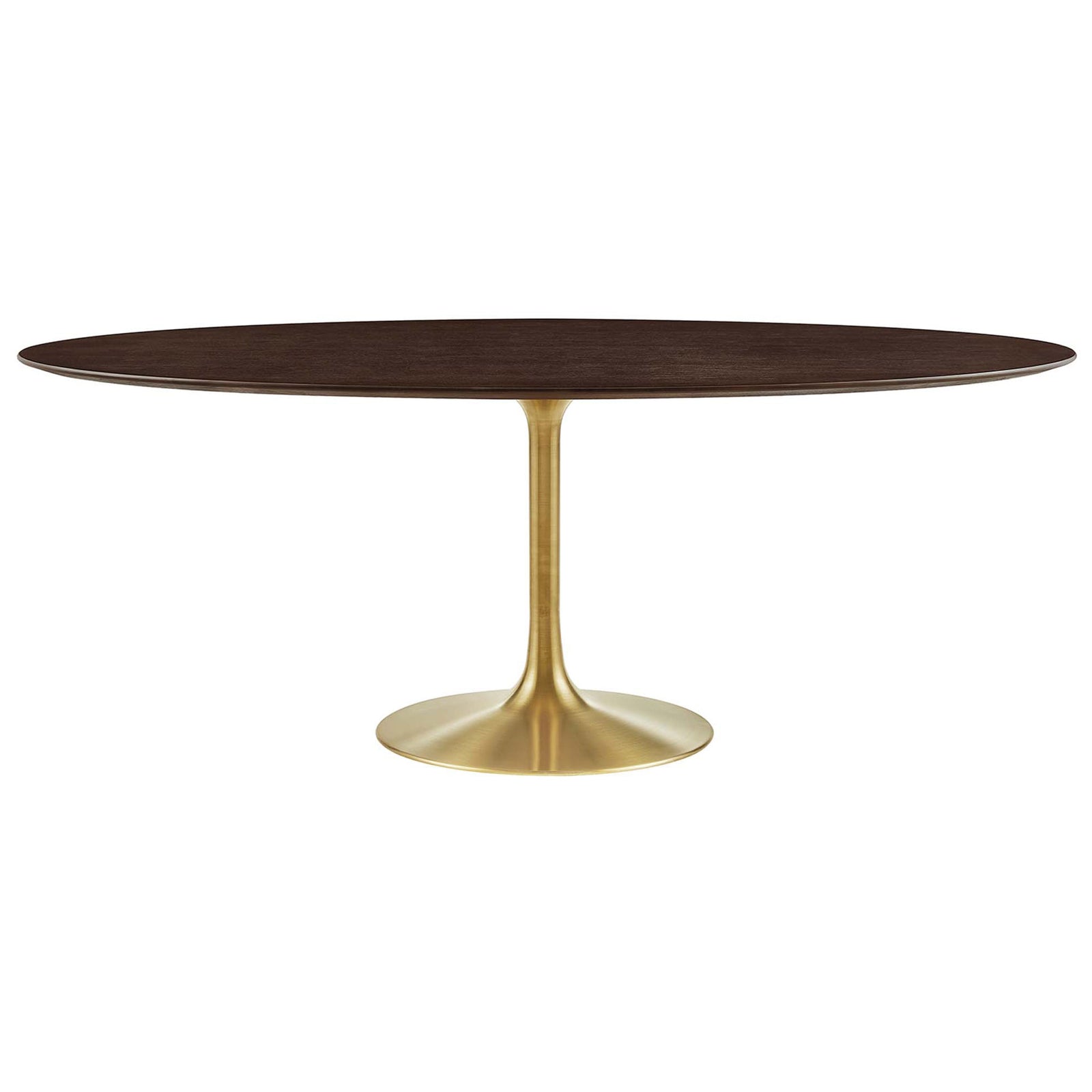 78 inch oval walnut dining table with slender brushed gold pedestal base for spacious entertaining || EEI-5526-GLD-CHE || front_studio