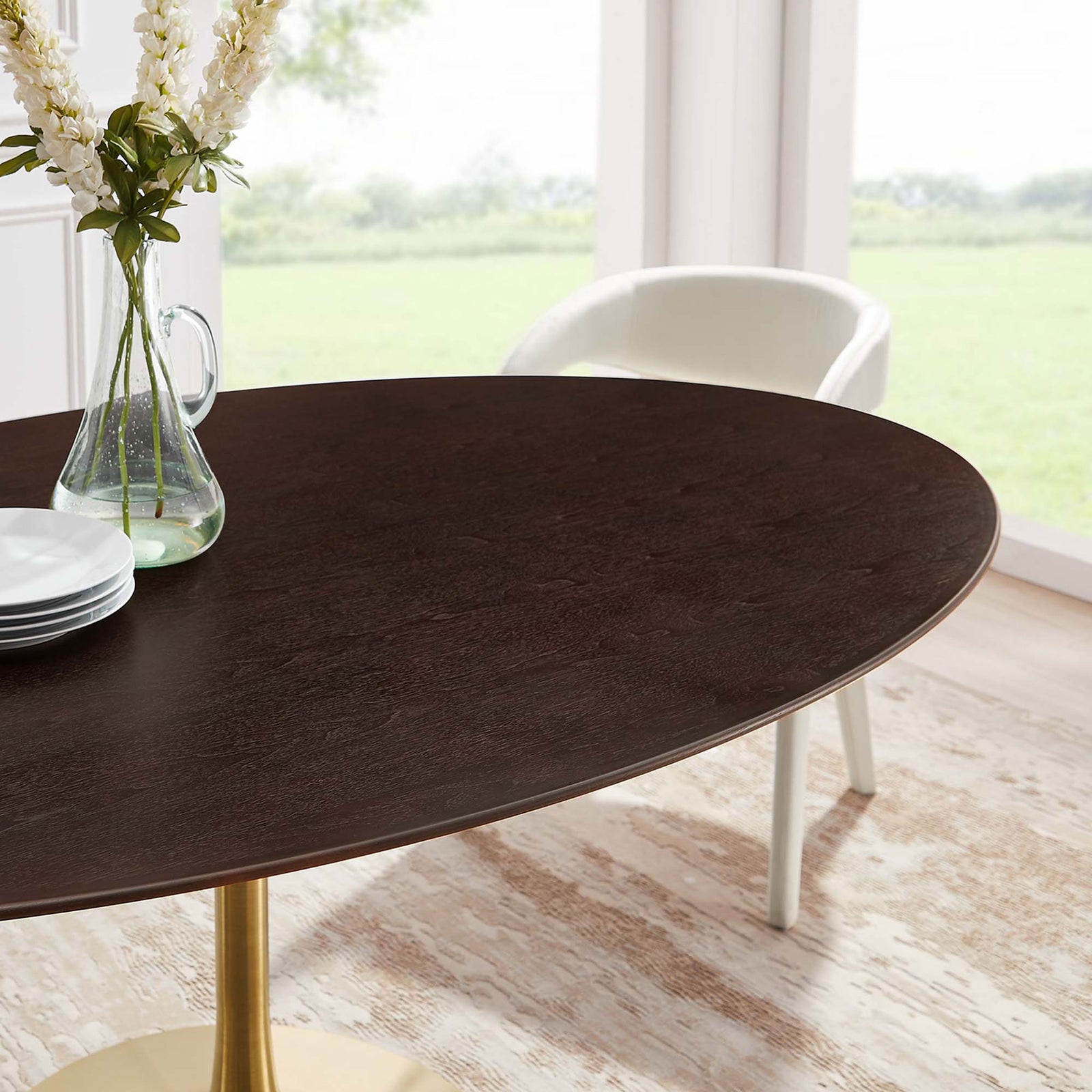 Walnut tabletop styled with glass and floral accents for an inviting contemporary setting || EEI-5526-GLD-CHE || detail_room