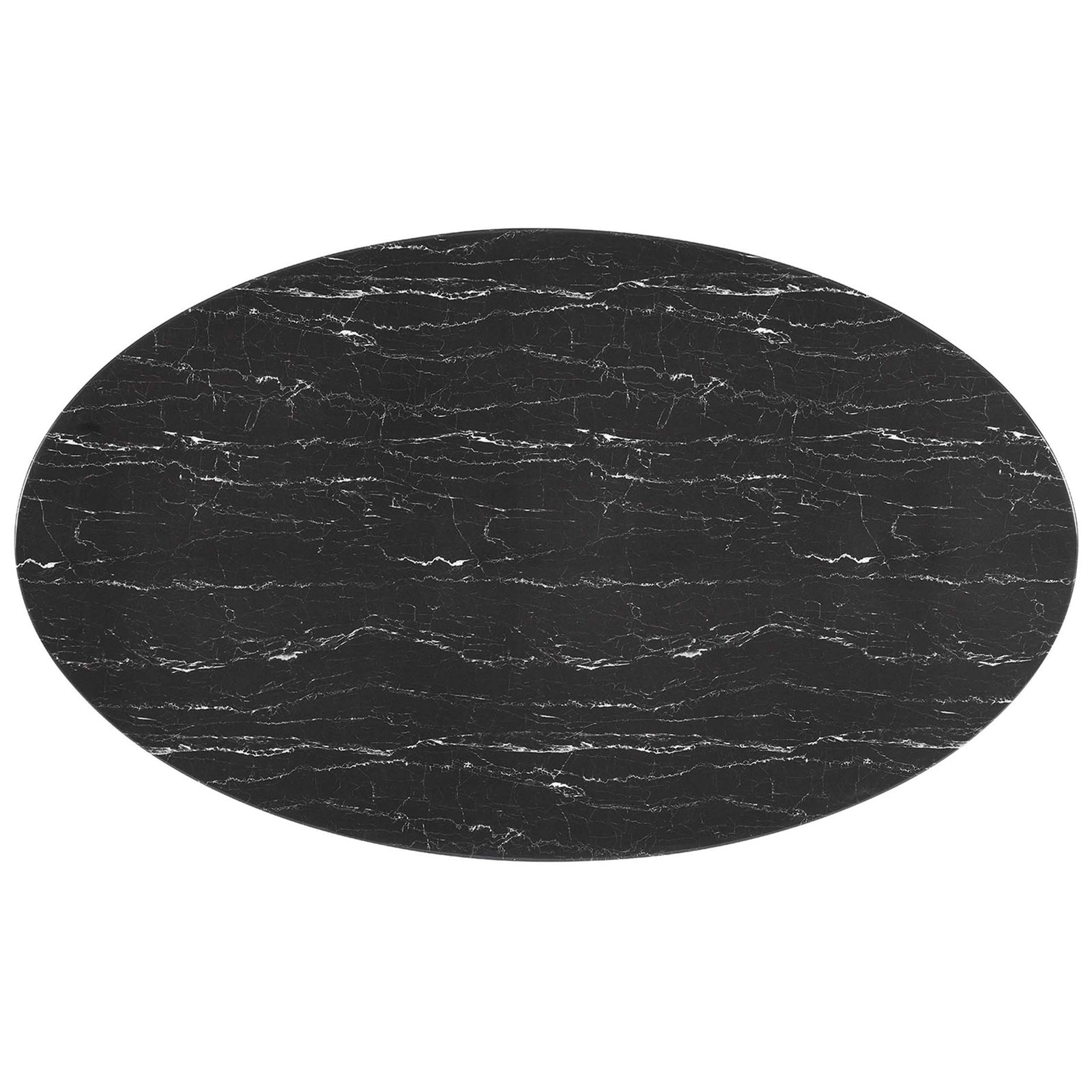 78-inch black faux marble tabletop with elongated oval shape and elegant white veining. || EEI-5528-GLD-BLK || top_studio