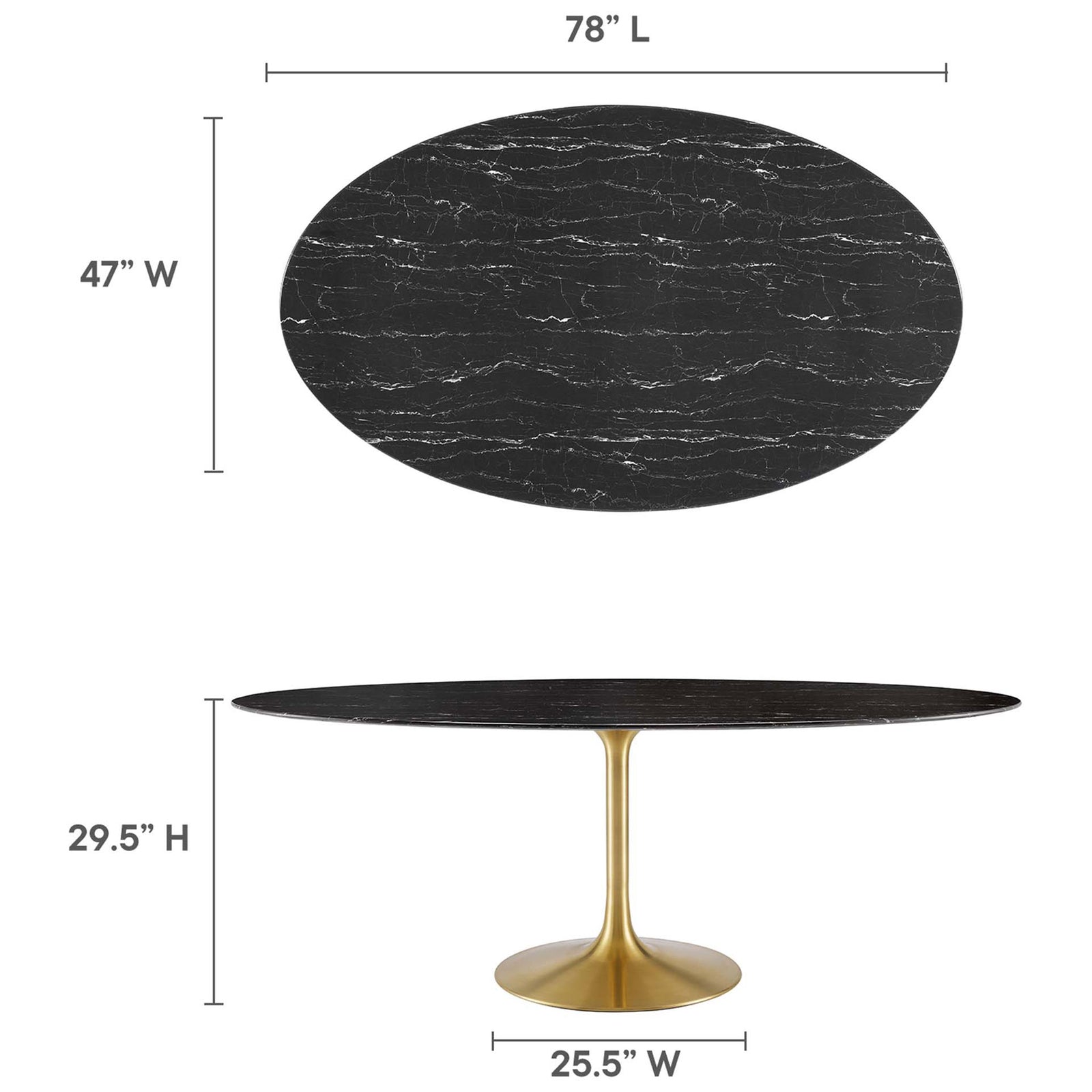 Dimension chart showing the generous length, width, and height of the 78-inch oval dining table. || EEI-5528-GLD-BLK || dimension_studio