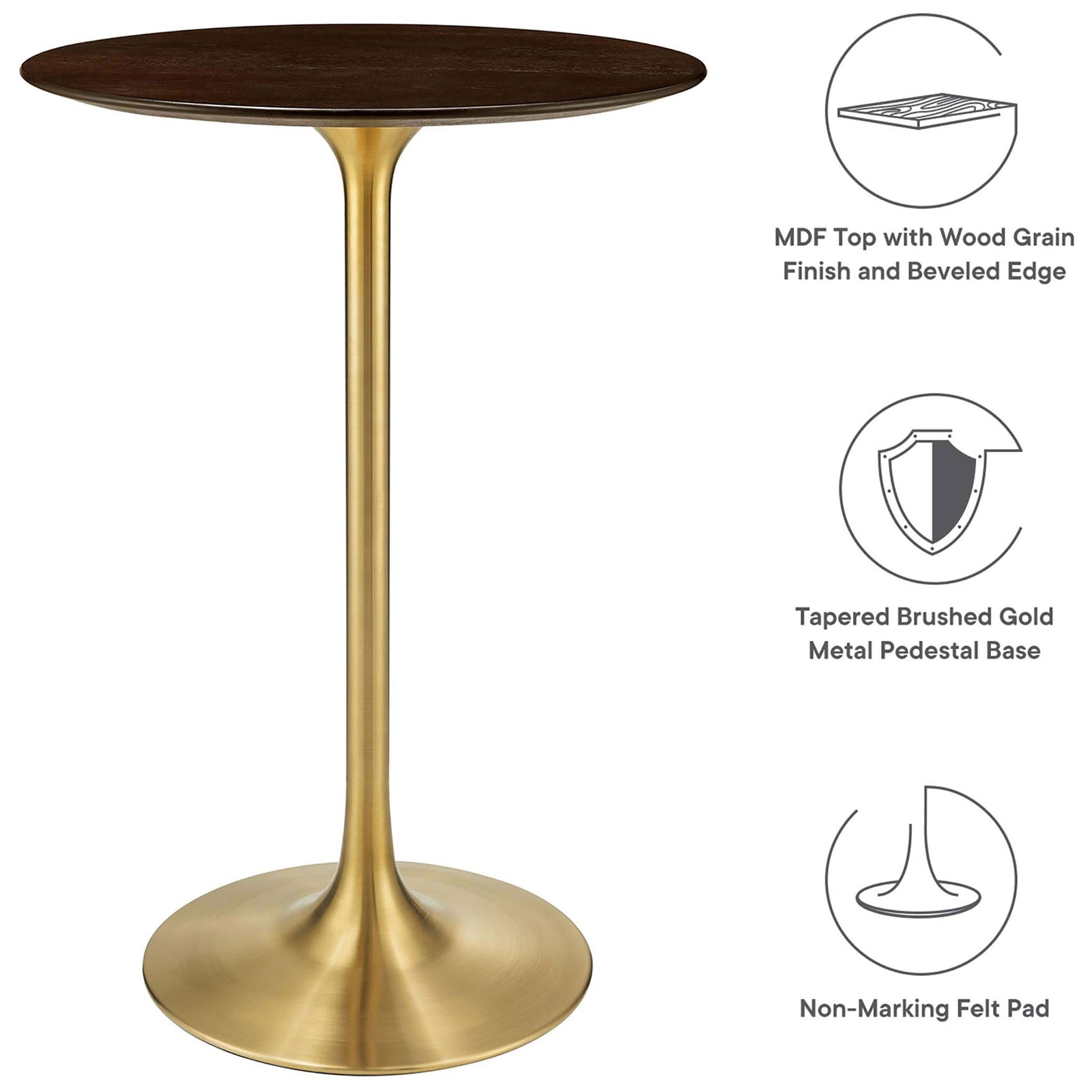 MDF top with wood grain, beveled edge, and a tapered brushed gold pedestal base. || EEI-5529-GLD-CHE || callout_studio