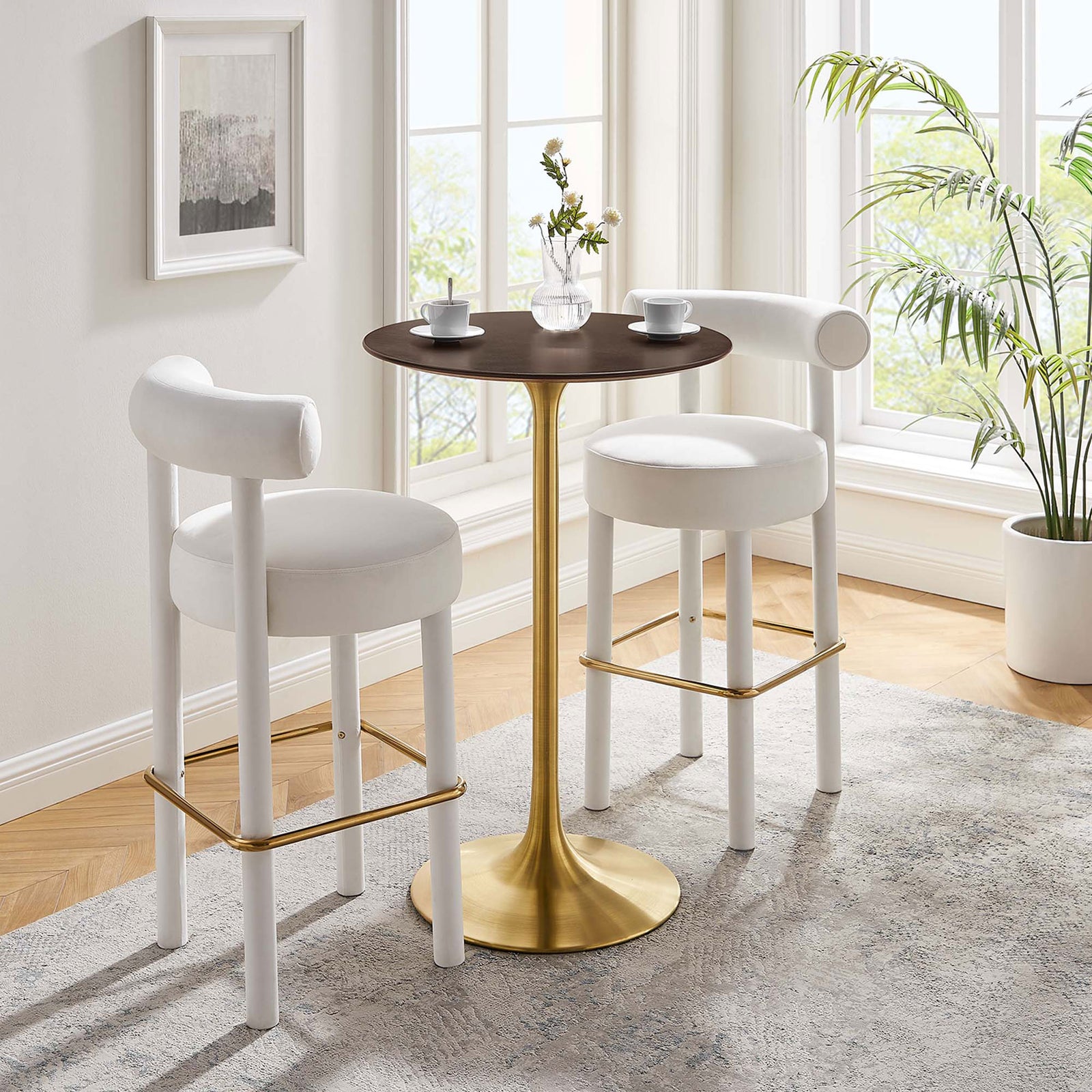 Mid-century pedestal bar table in cherry walnut and brushed gold, ideal for compact dining nooks. || EEI-5529-GLD-CHE || front_angle_room