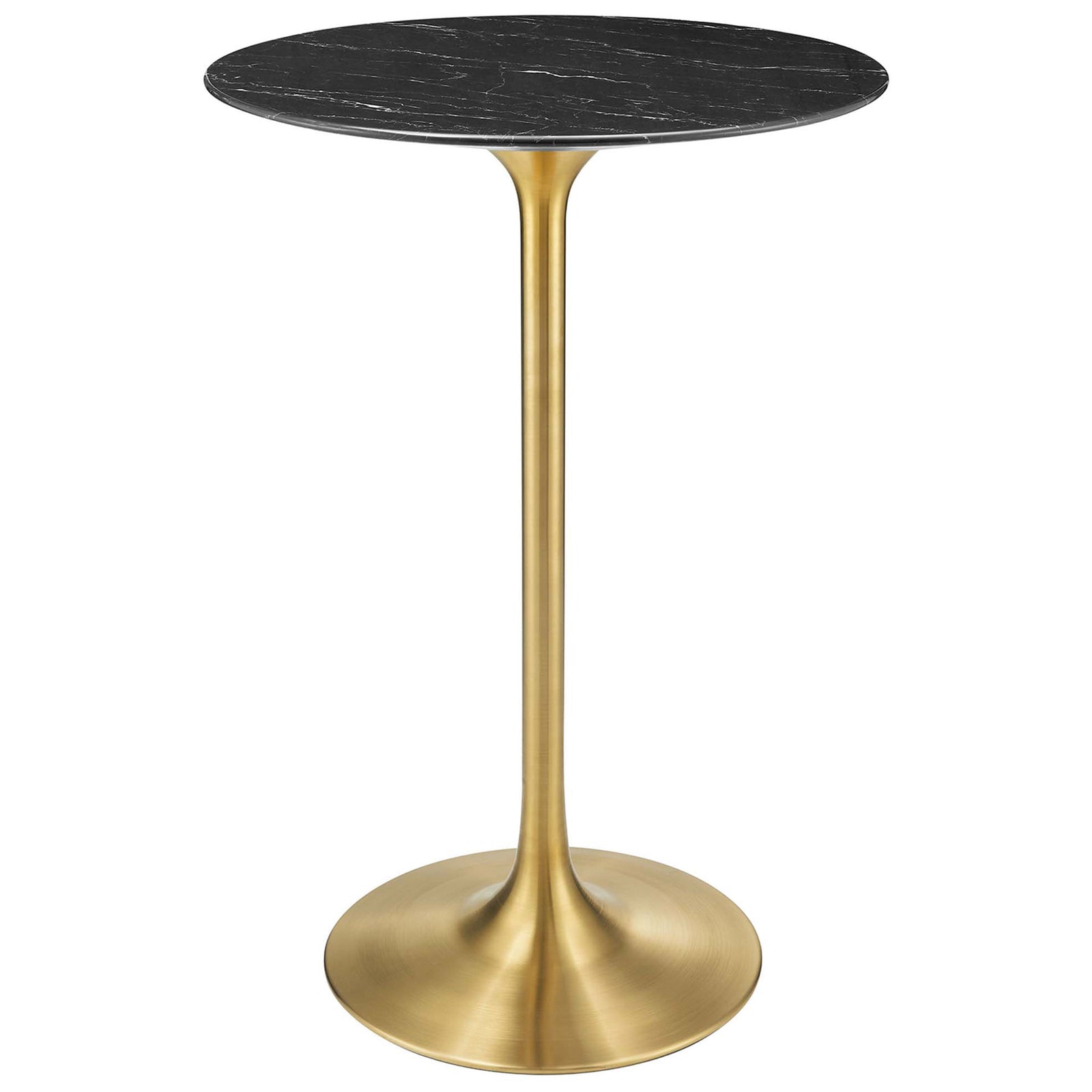 28-inch round black faux marble bar table with beveled edge and brushed gold pedestal base || EEI-5533-GLD-BLK || front_angle_studio