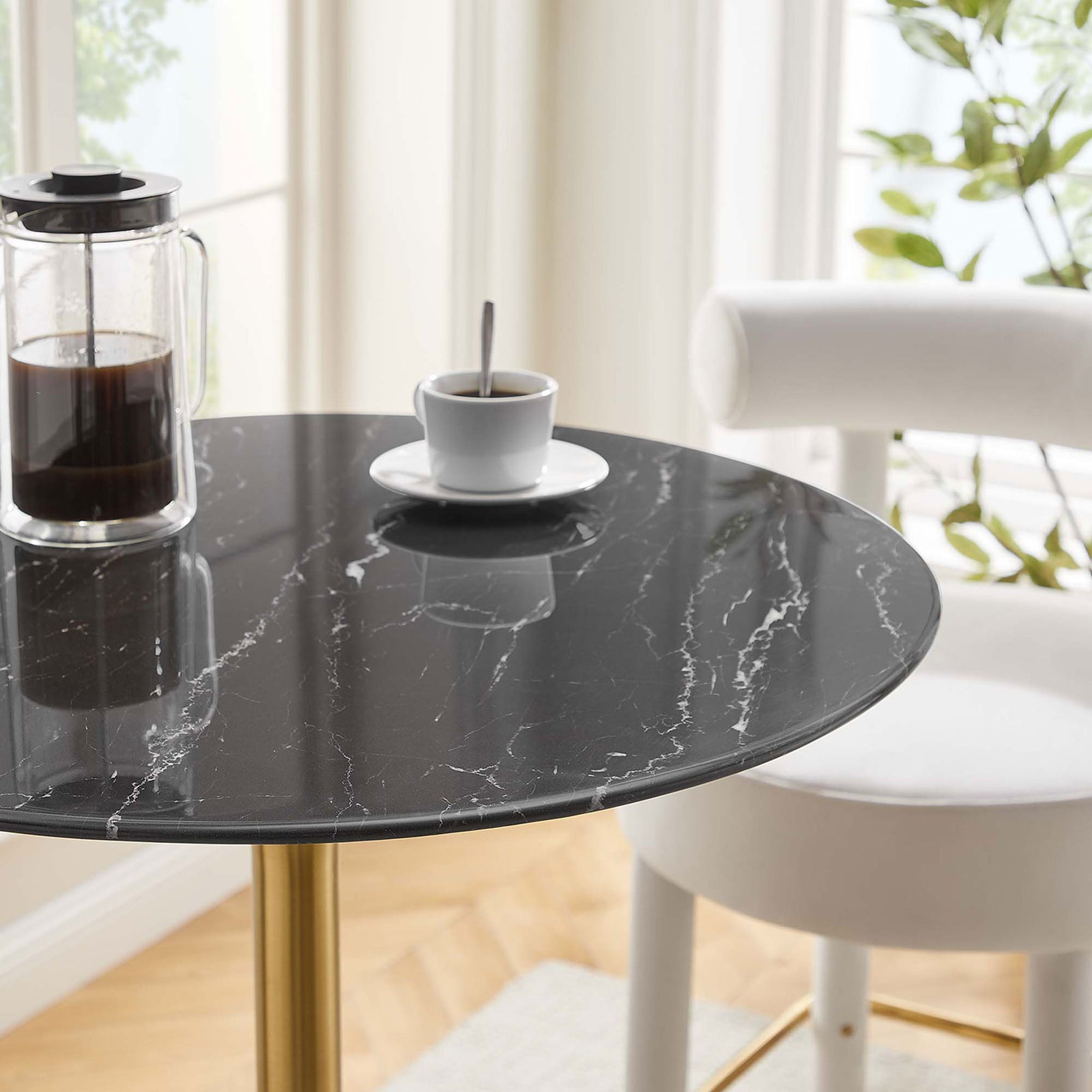 Glossy black faux marble surface with realistic veining, styled with coffee service || EEI-5533-GLD-BLK || detail_room
