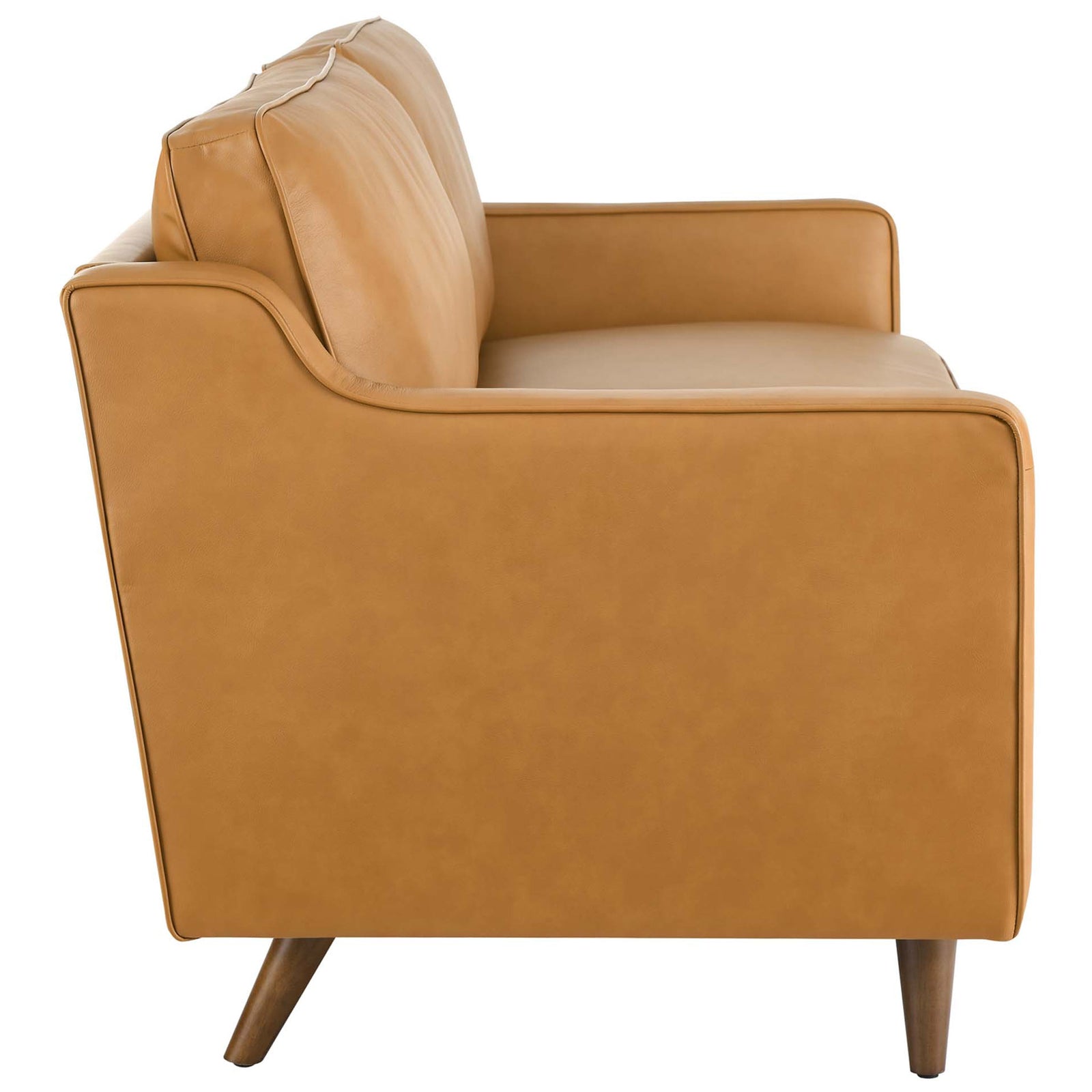 Tan leather sofa showing slim profile, high back cushions, and neatly piped track arms || EEI-5553-TAN || side_studio