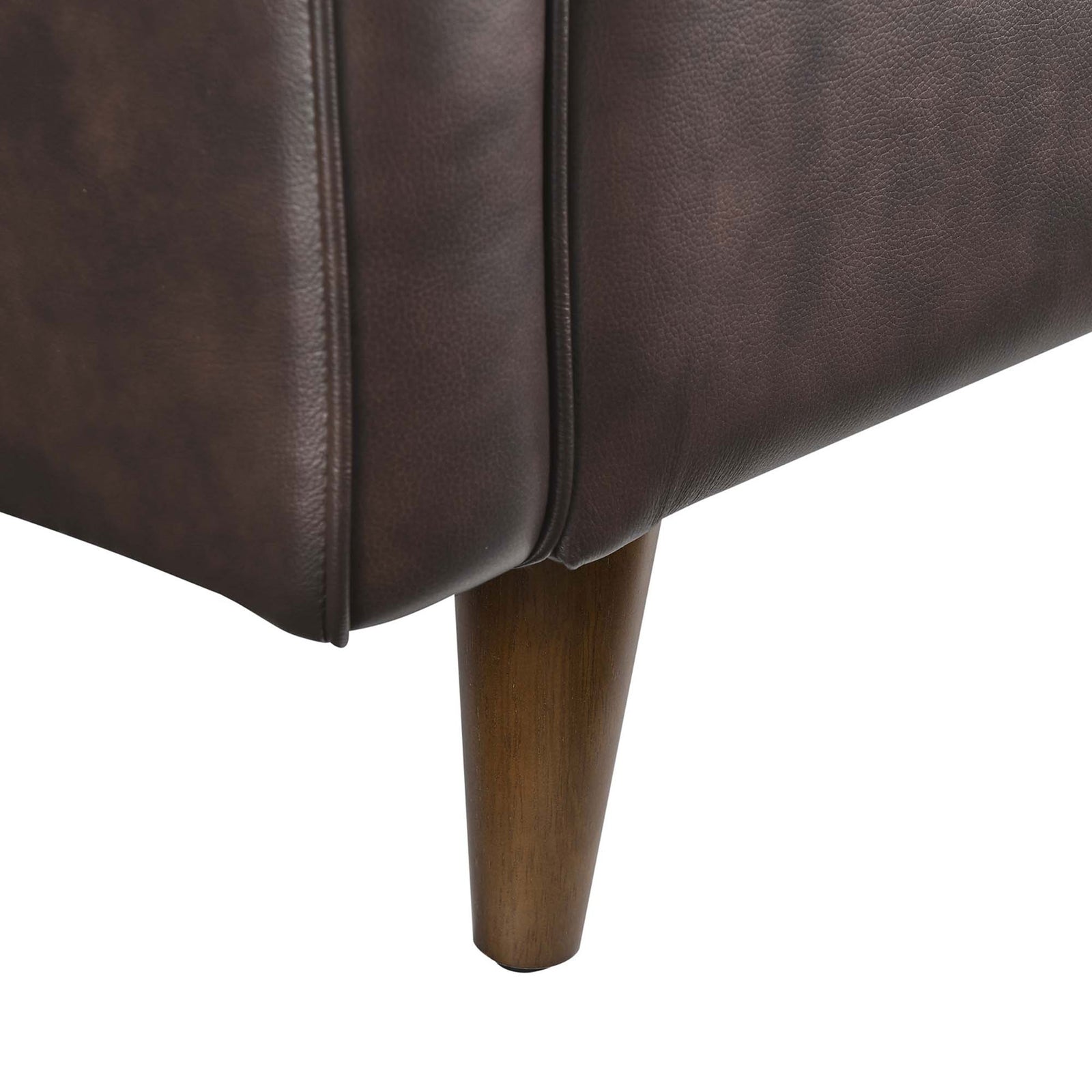 Warm walnut-finished tapered rubberwood leg supporting the brown leather loveseat base || EEI-5554-BRN || leg_studio