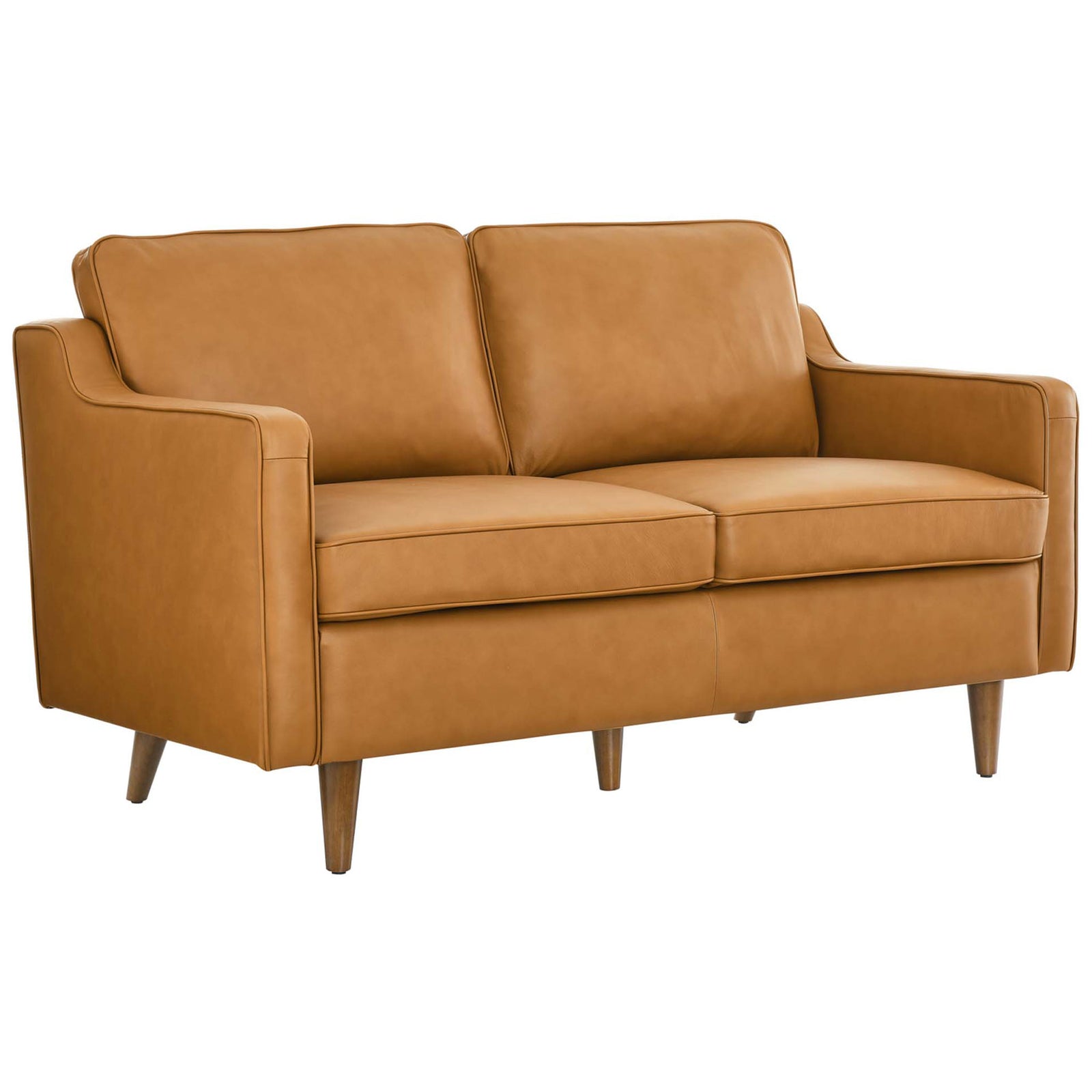 Tan genuine leather loveseat with plush cushions and mid-century tapered wood legs. || EEI-5554-TAN || front_angle_studio