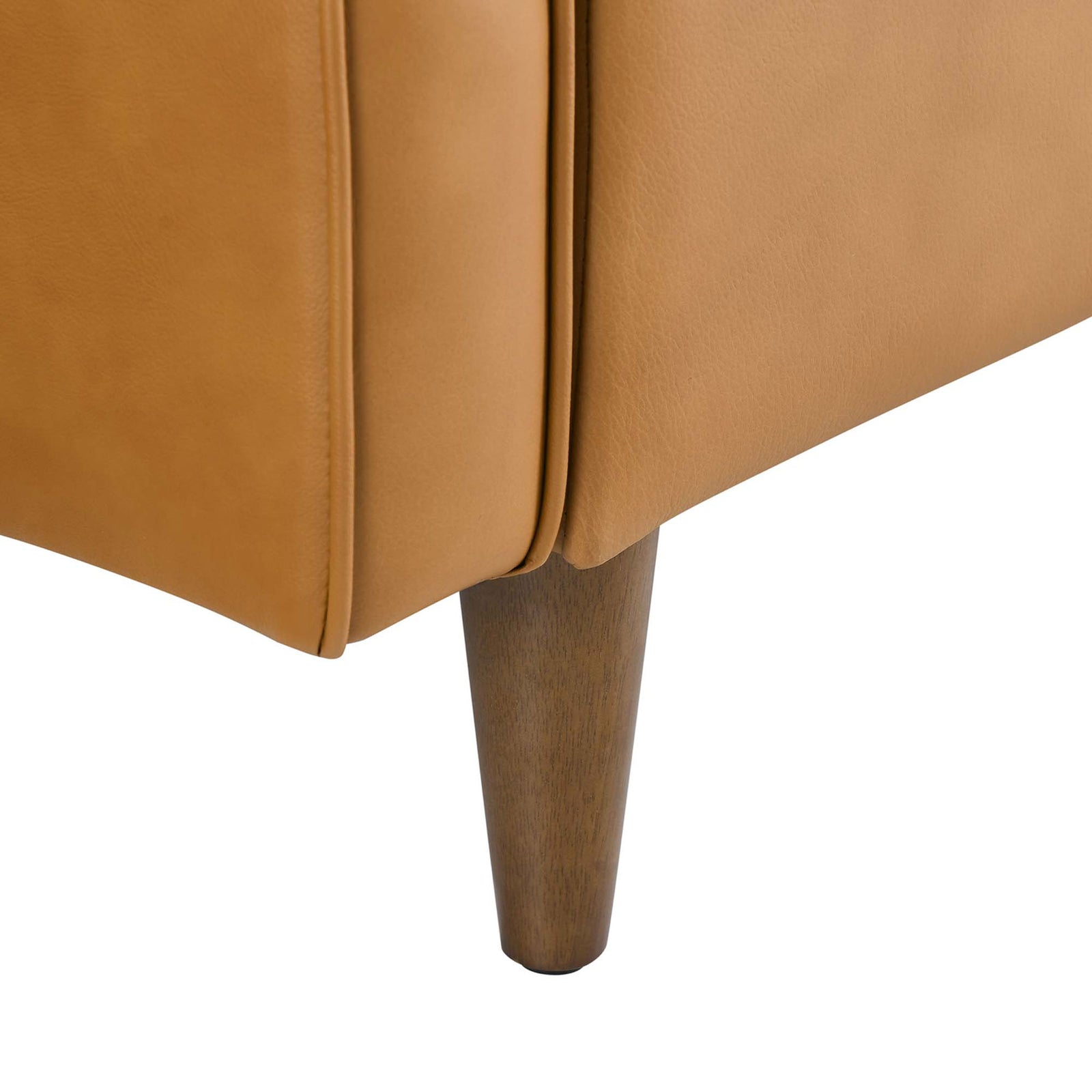 Walnut-stained rubberwood leg with tailored tan leather upholstery and refined seaming. || EEI-5554-TAN || leg_studio