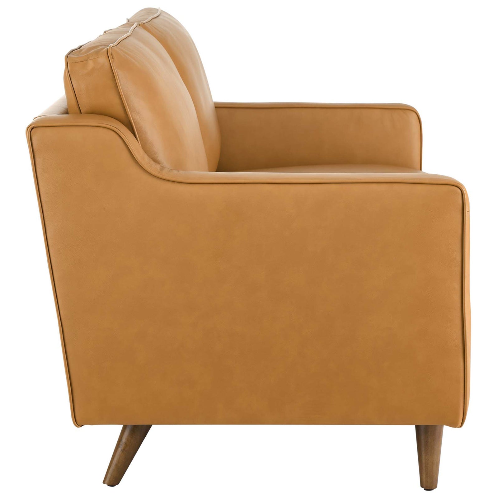 Slim-profile tan leather loveseat showcasing gently sloped arms and deep, cushioned seating. || EEI-5554-TAN || side_studio