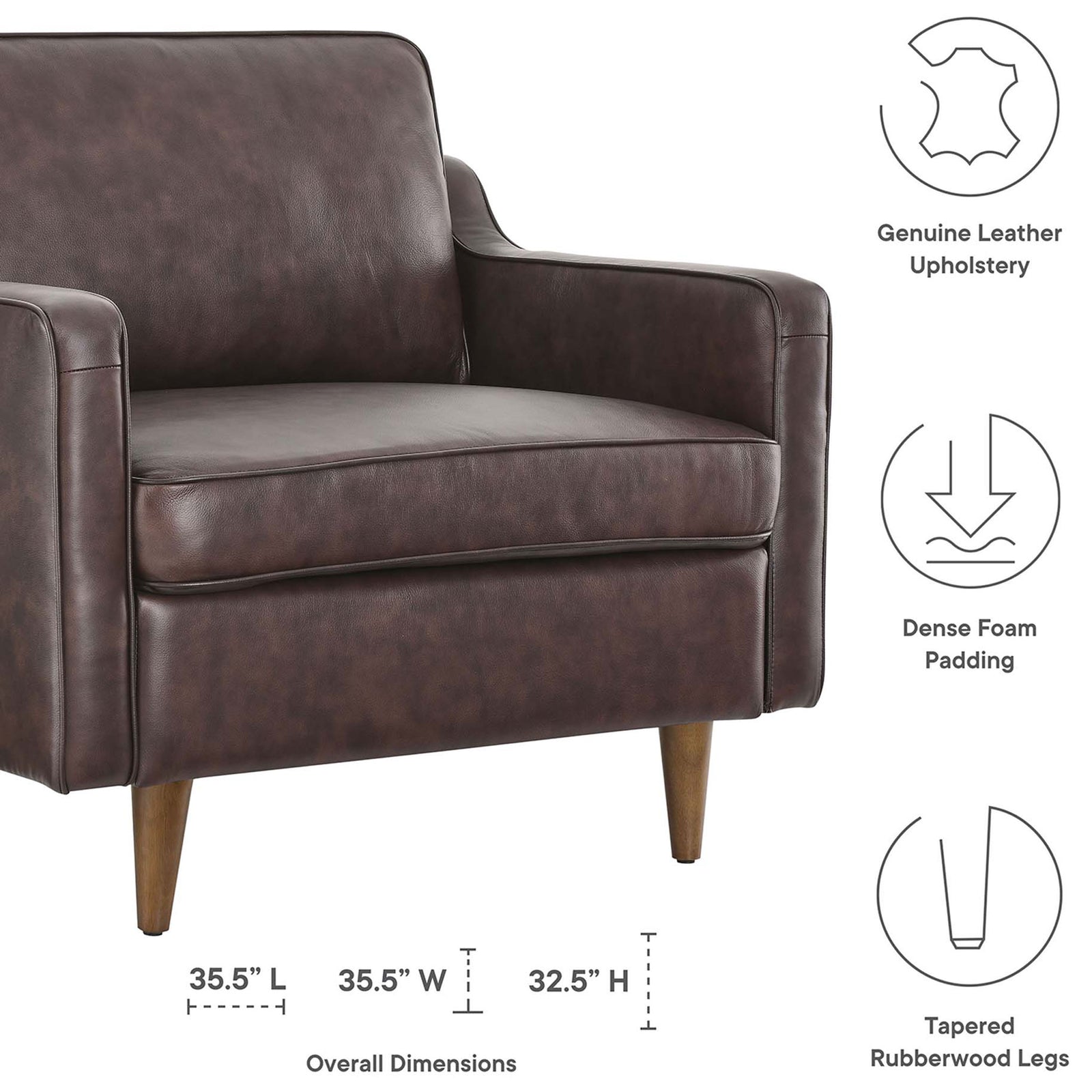 Durable genuine leather upholstery, dense foam comfort, and tapered rubberwood legs || EEI-5555-BRN || callout_studio