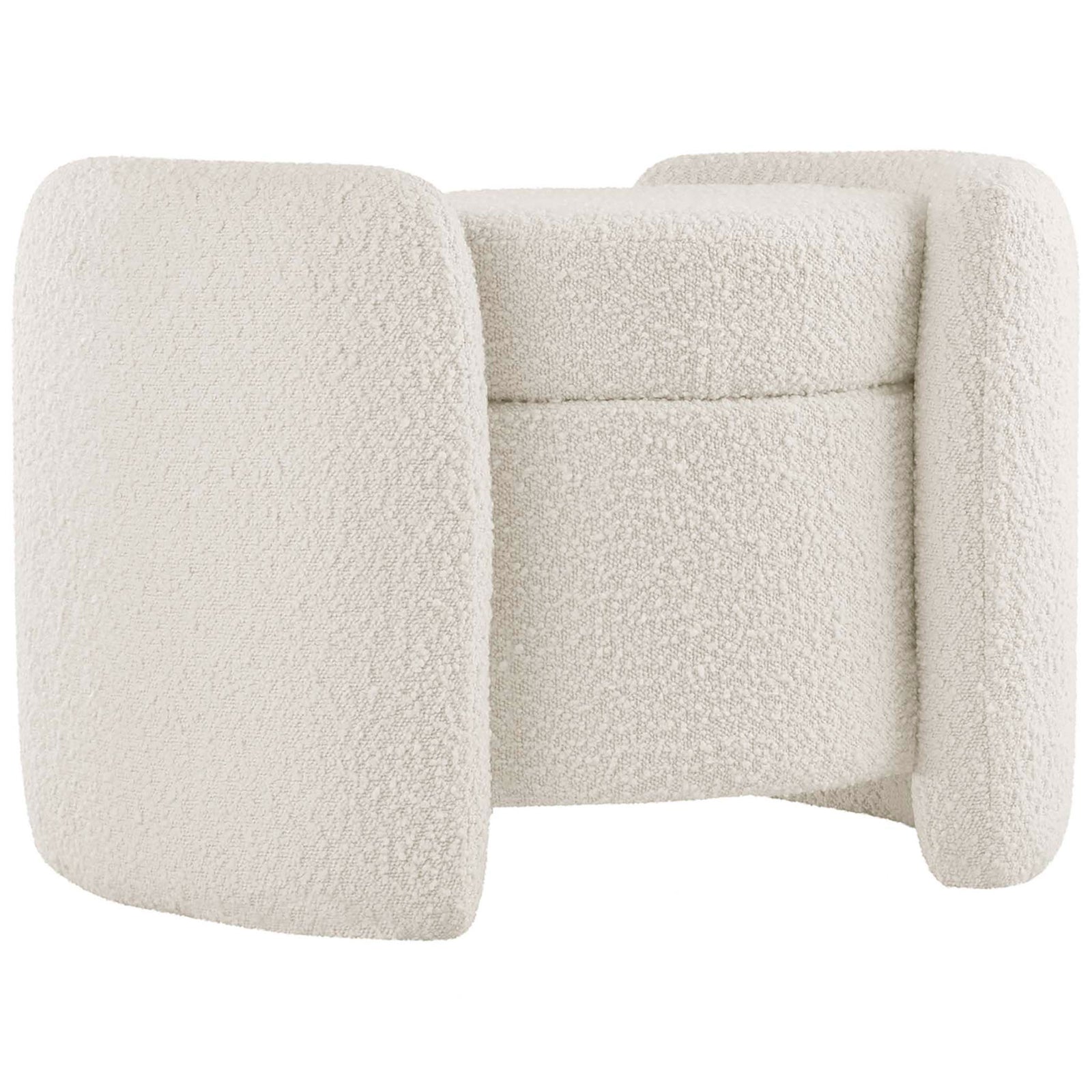 Ivory boucle storage ottoman with curved wing-like side panels and a smooth round cushioned seat || EEI-5561-IVO || front_angle_studio