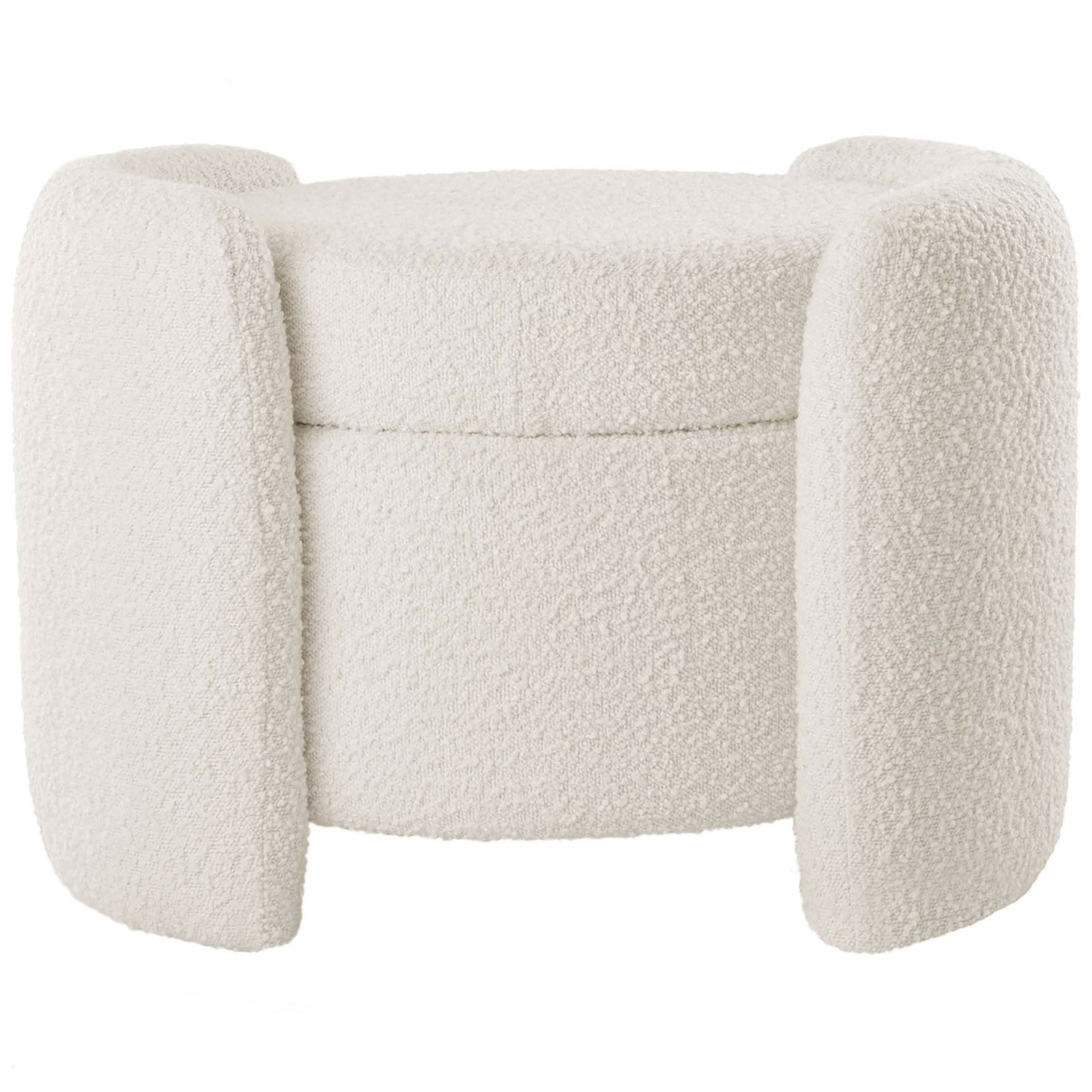 Ivory boucle storage ottoman with three sculptural panels enclosing the round cushioned seat || EEI-5561-IVO || front_studio