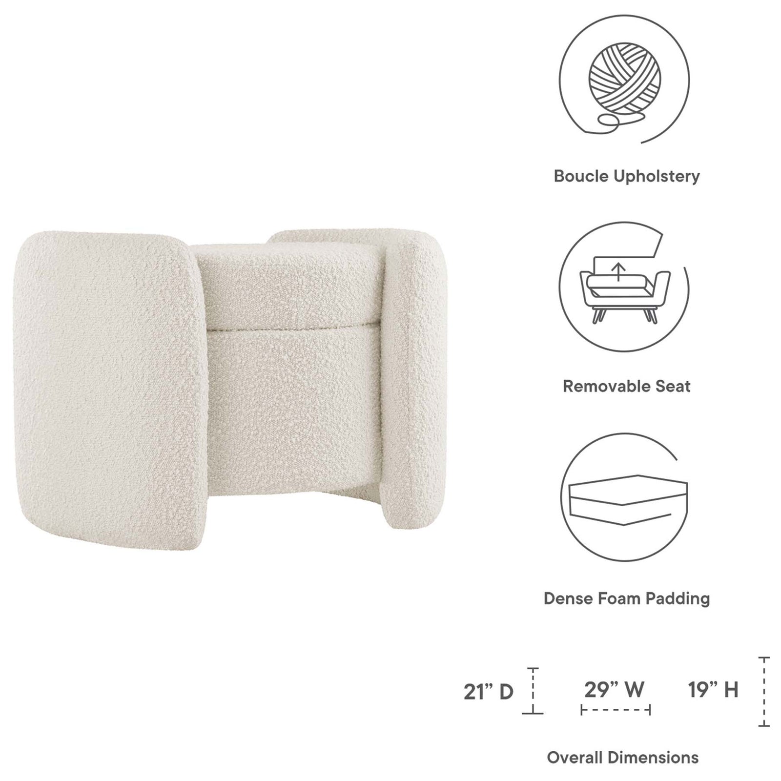 Ivory boucle storage ottoman with graphic callouts for upholstery, removable seat, foam, and dimensions || EEI-5561-IVO || dimension_studio