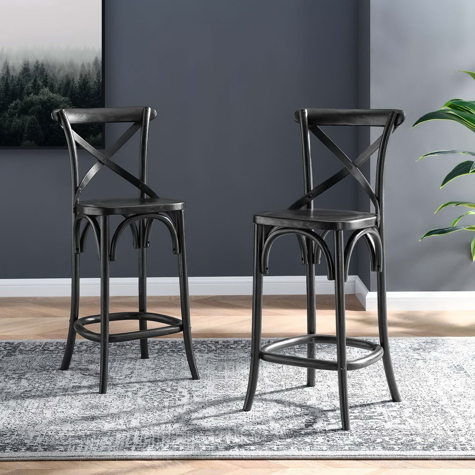 Elegant black finish pairs with graceful arches for versatile counter seating || EEI-5562-BLK || front_angle_room