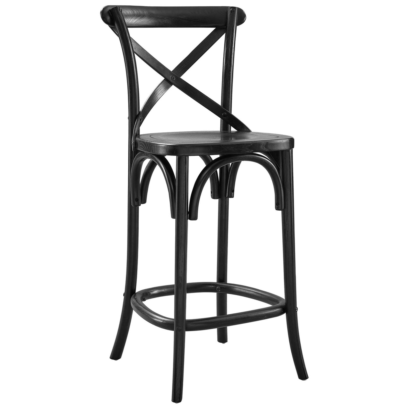 Counter stool with x-brace back, curved arch supports, and a sculpted elm wood seat || EEI-5562-BLK || front_angle_studio