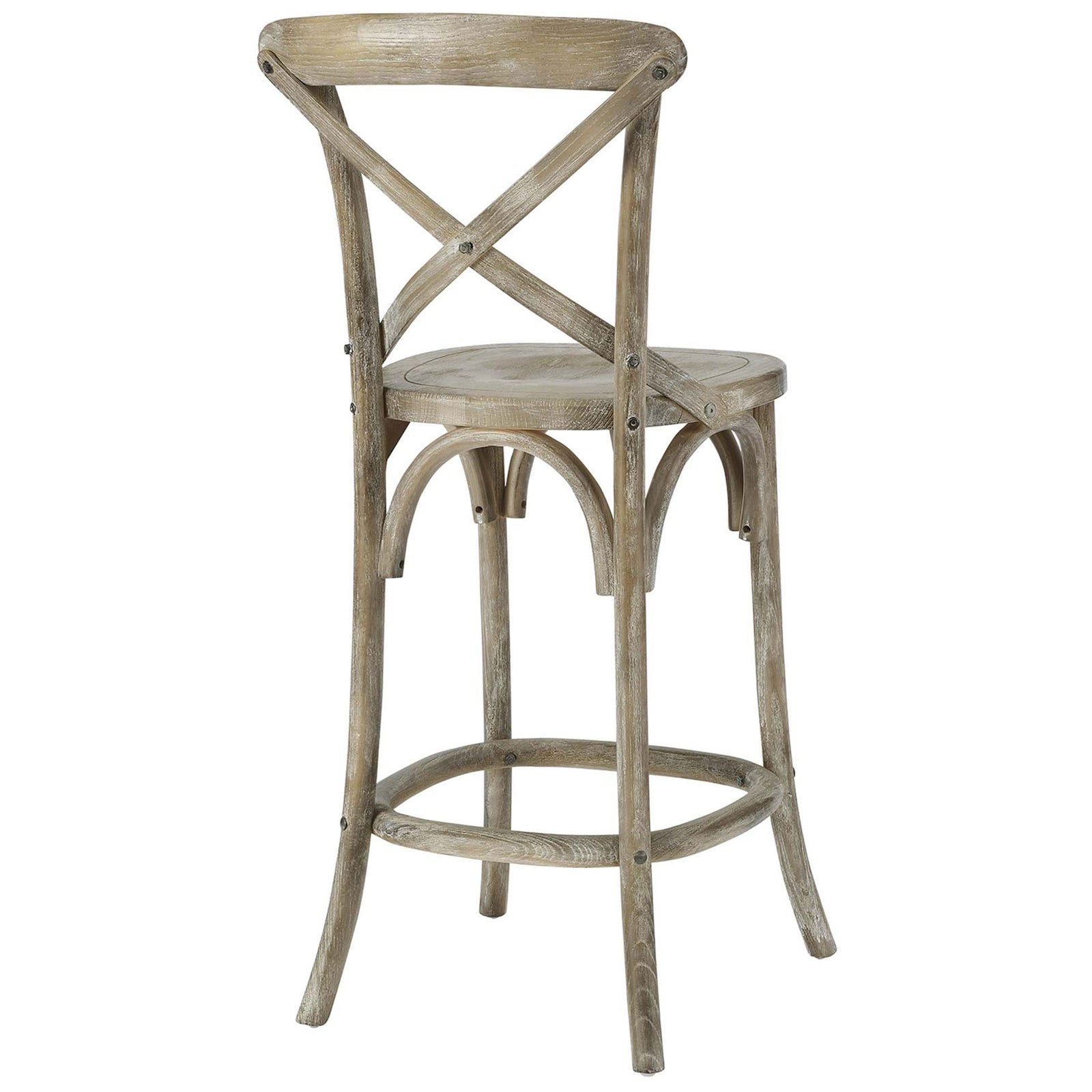 X-brace back detail and gently flared legs highlight the stool's vintage-inspired design. || EEI-5562-GRY || back_angle_studio