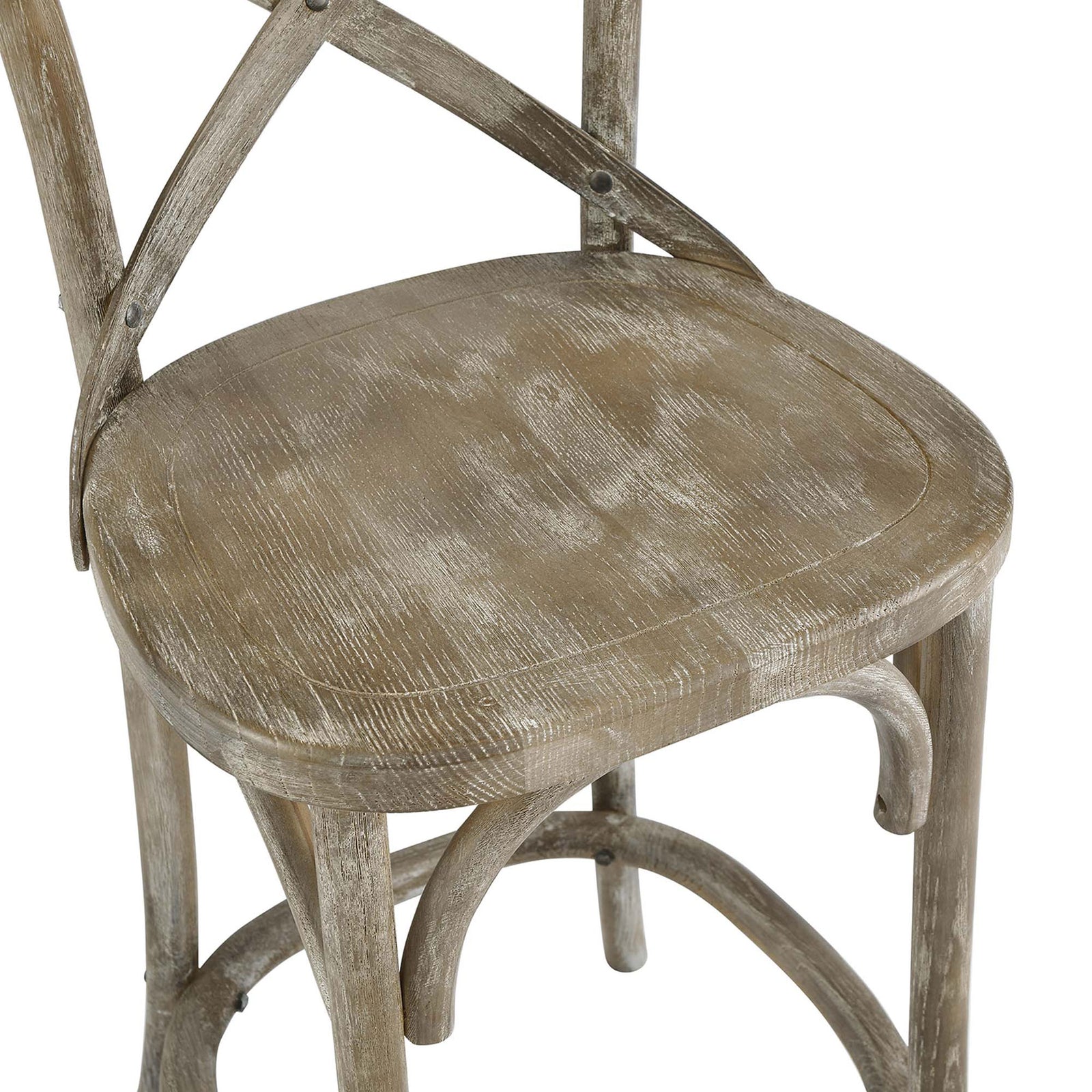 Textured elm grain and a sculpted seat add tactile comfort to this counter stool. || EEI-5562-GRY || detail_studio