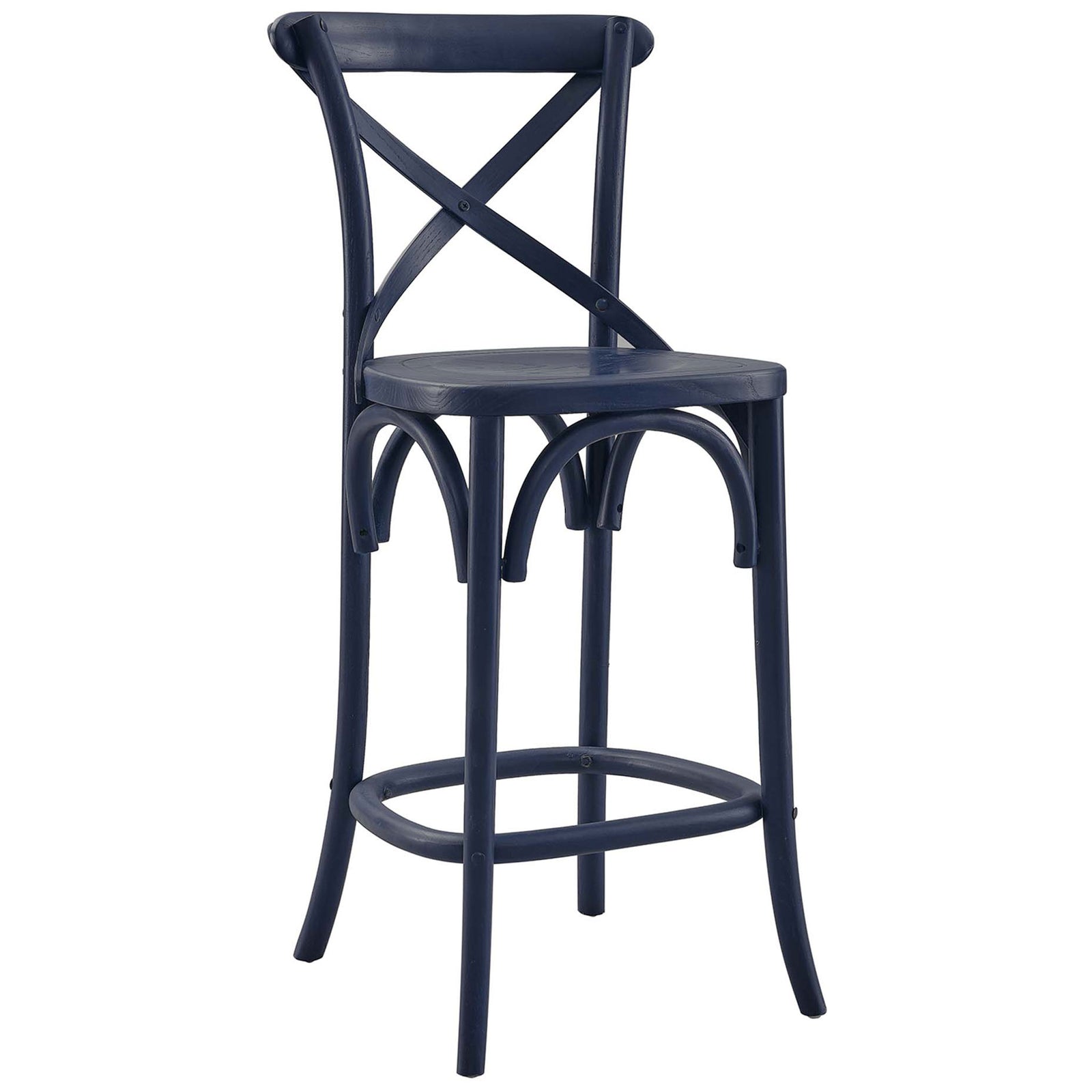 Farmhouse counter stool in midnight blue, featuring elm wood seat, X-back, and curved stretchers. || EEI-5562-MID || front_angle_studio
