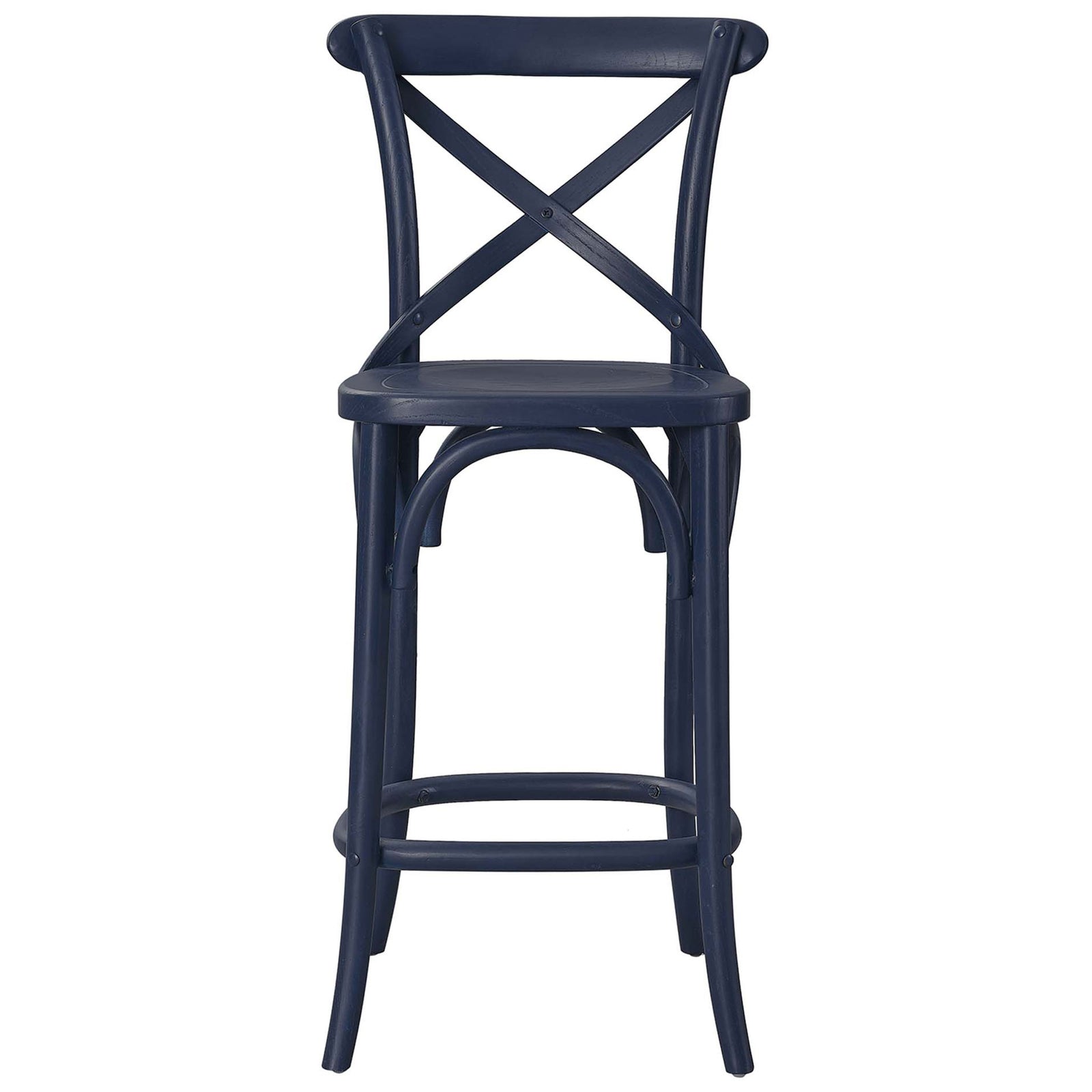 Midnight blue counter stool with X-brace back, arched supports, and a rounded footrest. || EEI-5562-MID || front_studio