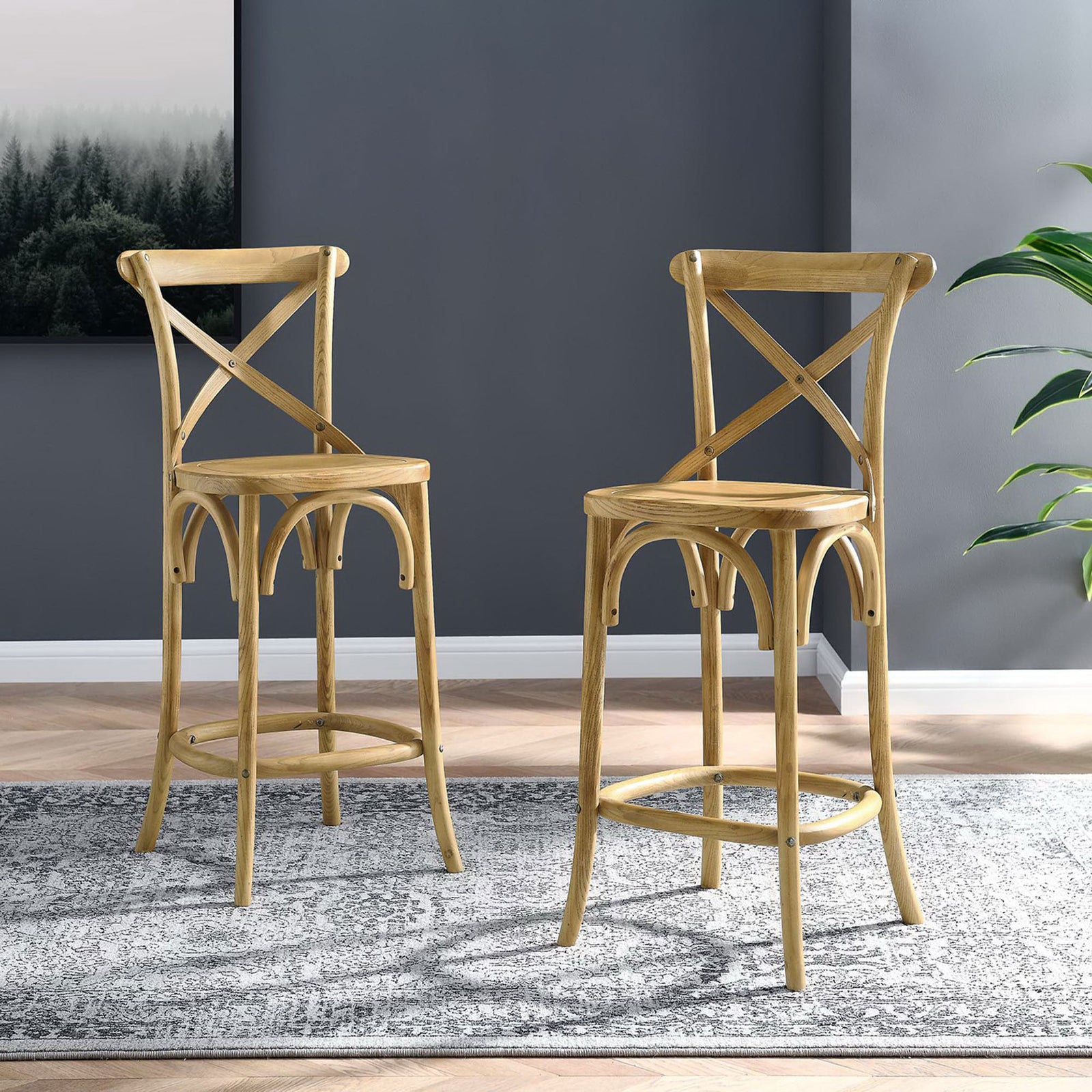 Two natural wood counter stools elevate the room with warm grain and timeless X-back style || EEI-5562-NAT || front_angle_room
