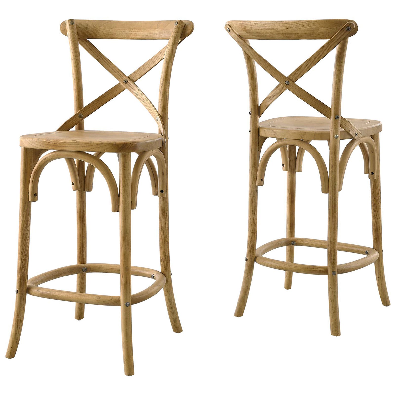 Pair of natural elm counter stools highlighting the X-back and sculpted arches || EEI-5562-NAT || front_angle_studio