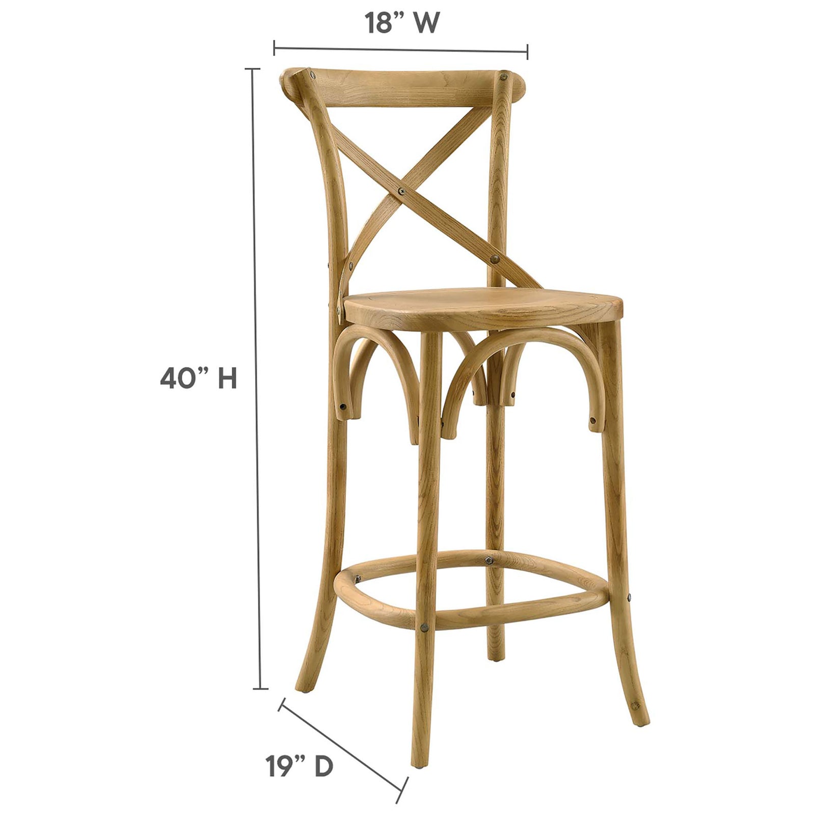 Dimensions for the counter stool with 18 in. width, 19 in. depth, and 40 in. height || EEI-5562-NAT || dimension_studio
