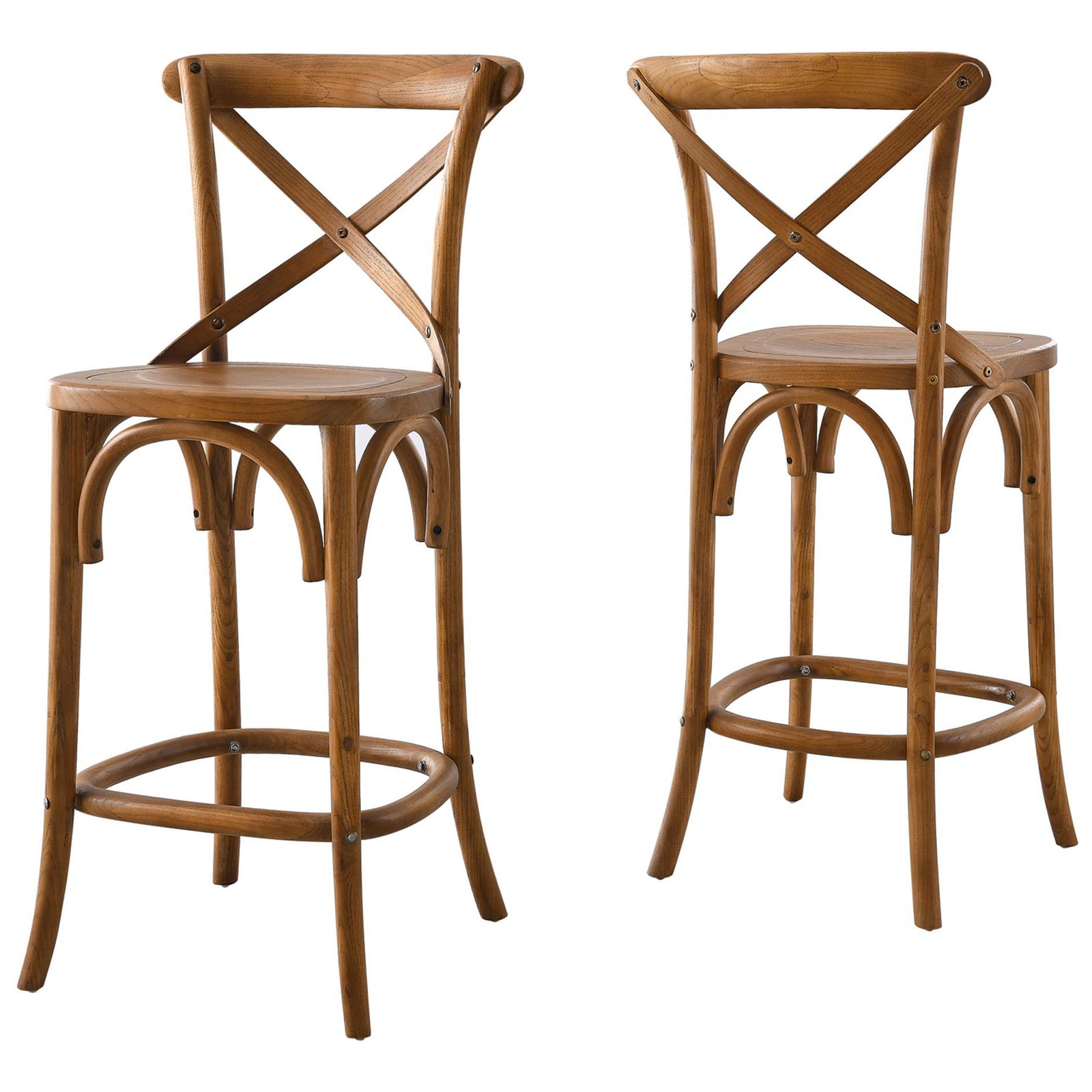 Pair of counter stools showcases the X-back silhouette and sculpted arcs in a rich walnut tone || EEI-5562-WAL || front_angle_studio