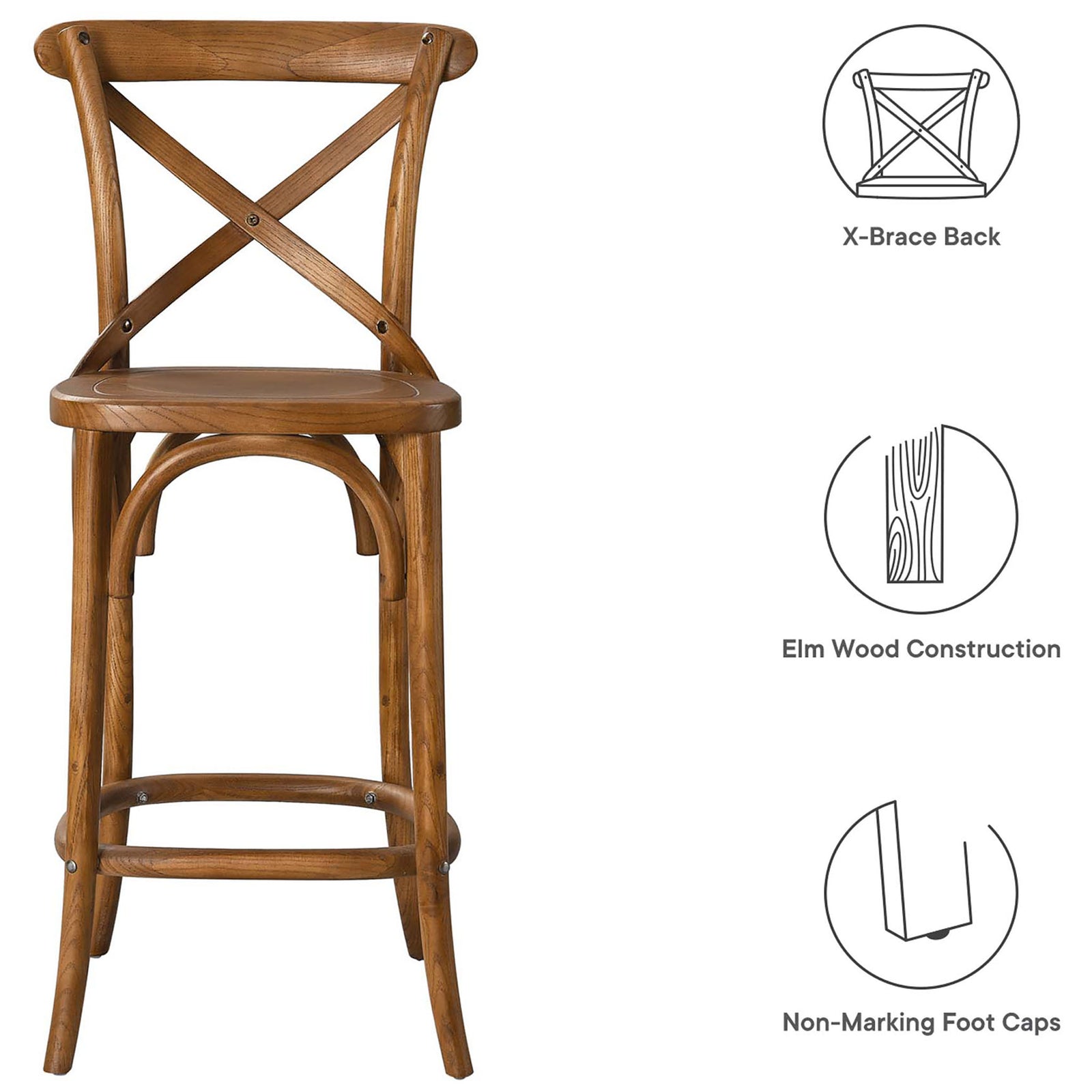 Feature highlights for the counter stool including X-brace back, elm wood build, and protective foot caps || EEI-5562-WAL || callout_studio
