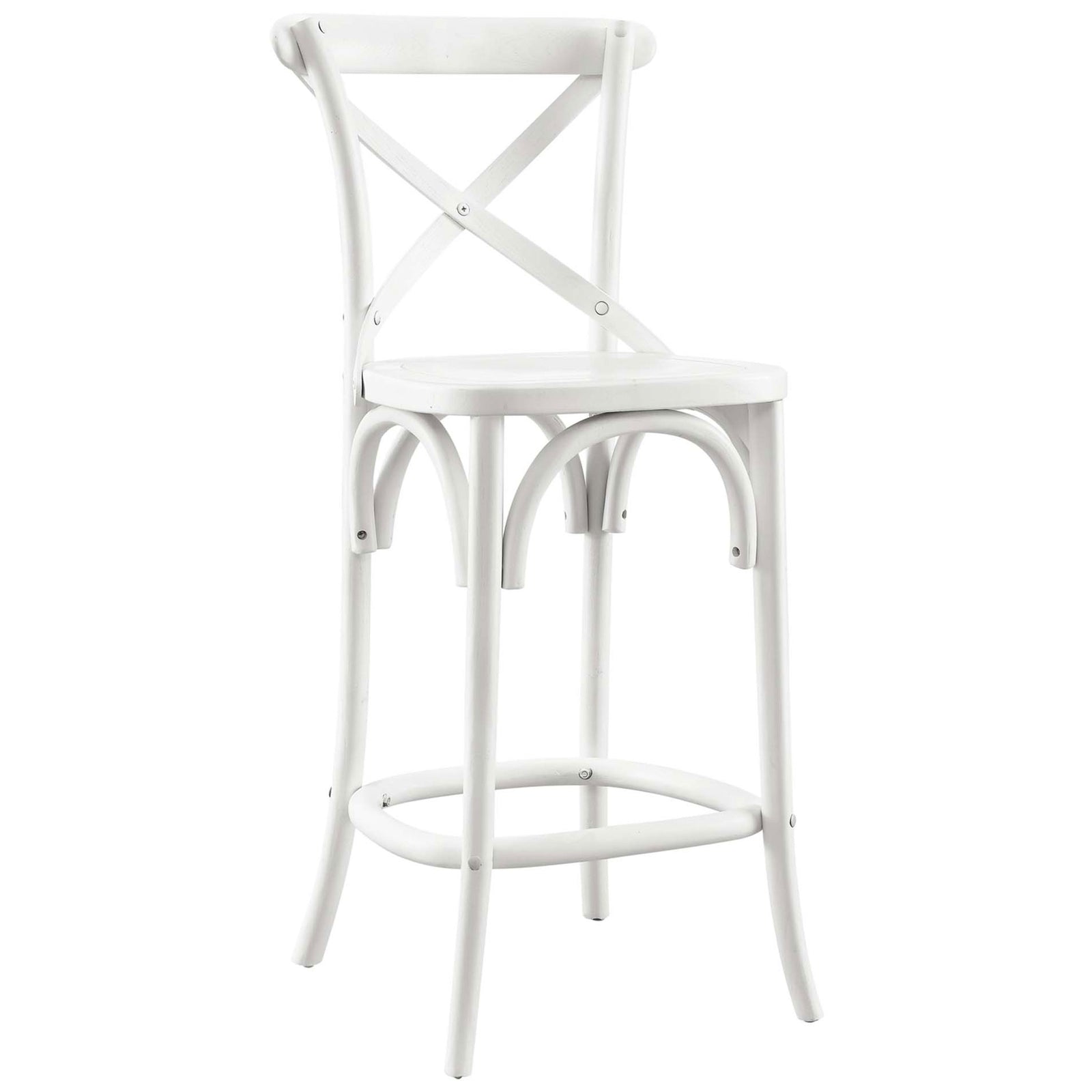 Crisp white counter stool in elm wood with cross-back design and rounded footrest ring || EEI-5562-WHI || front_angle_studio