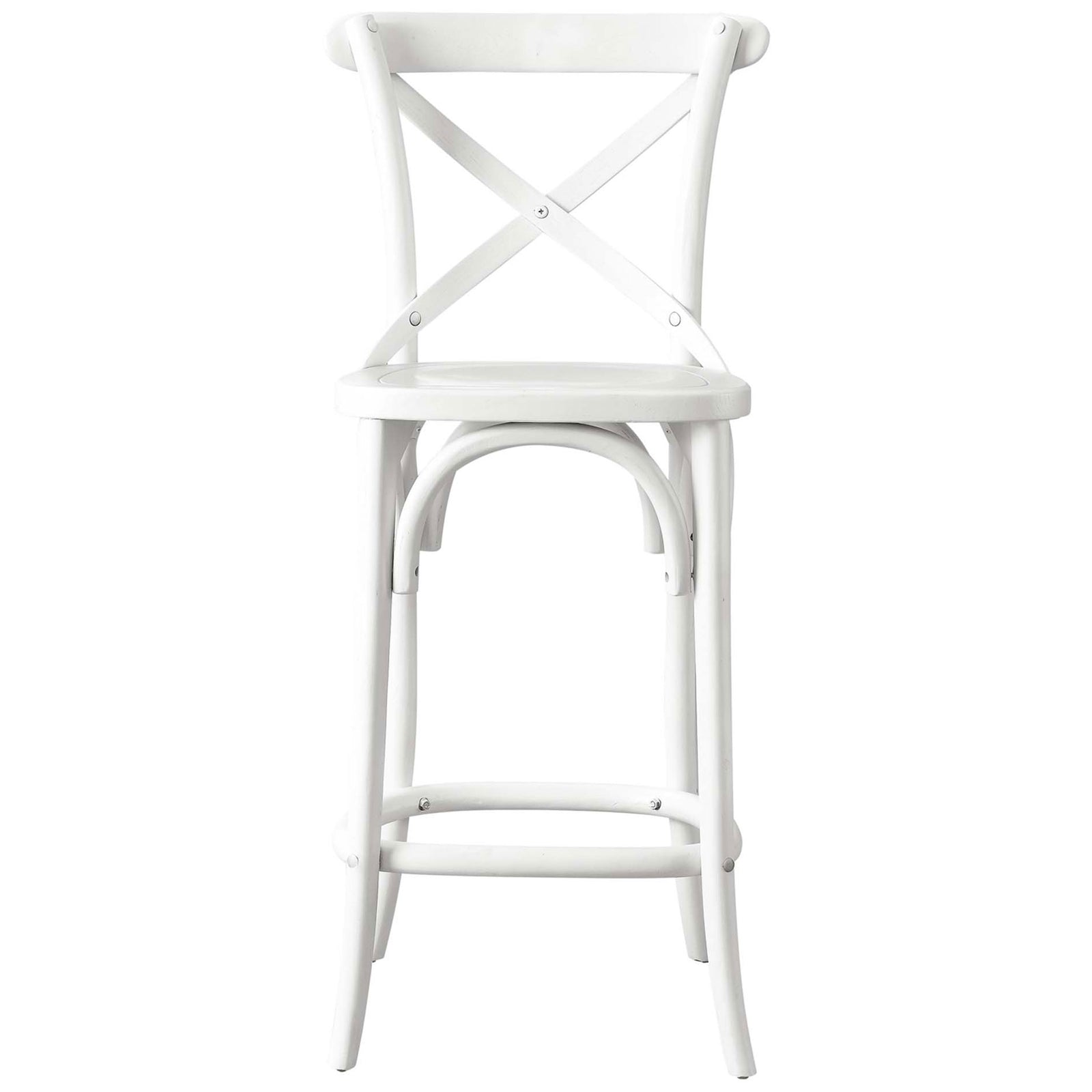 White farmhouse counter stool with X-brace back, curved stretchers, and a supportive contoured seat || EEI-5562-WHI || front_studio