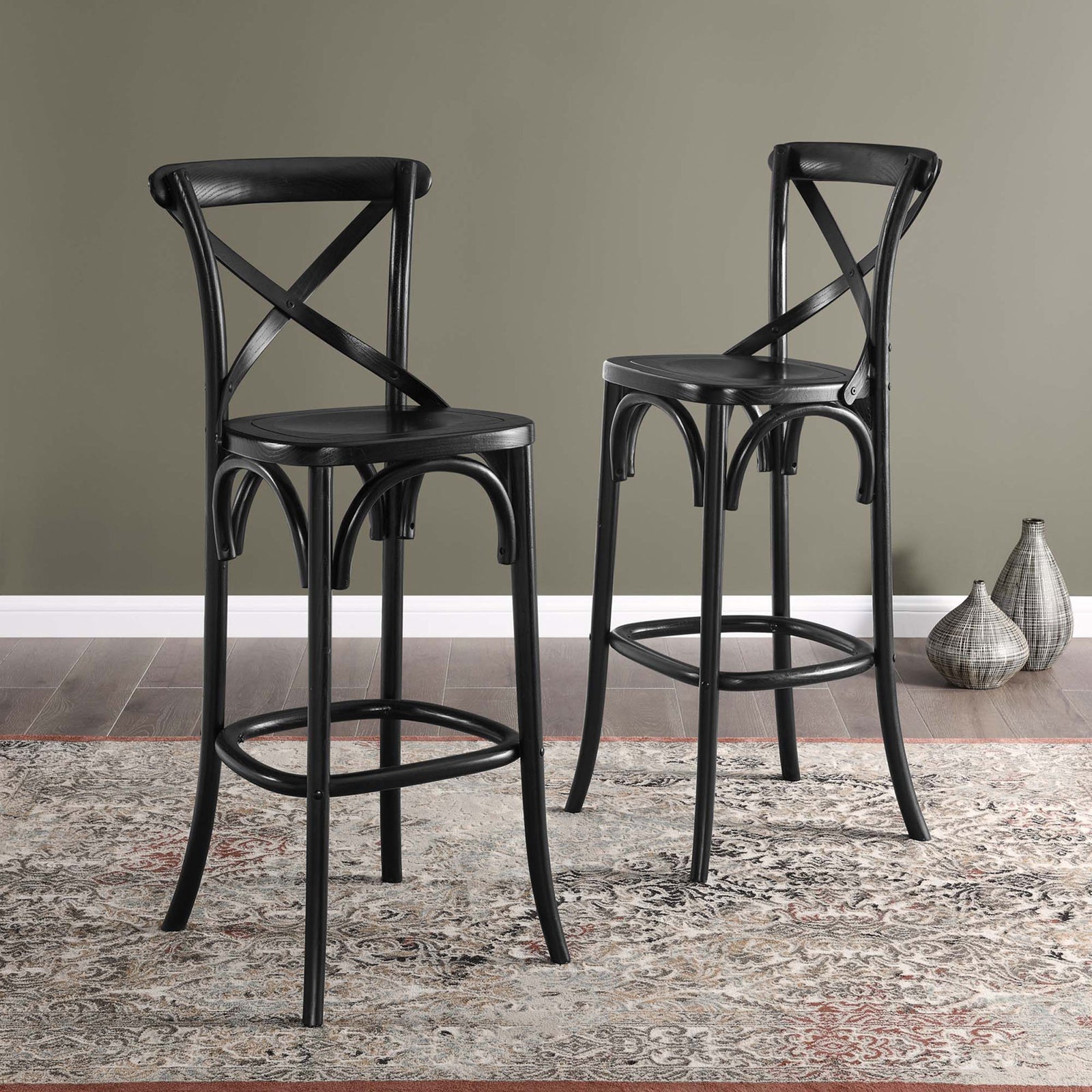 Rich black finish and graceful arches bring timeless character to bar seating || EEI-5563-BLK || front_angle_room