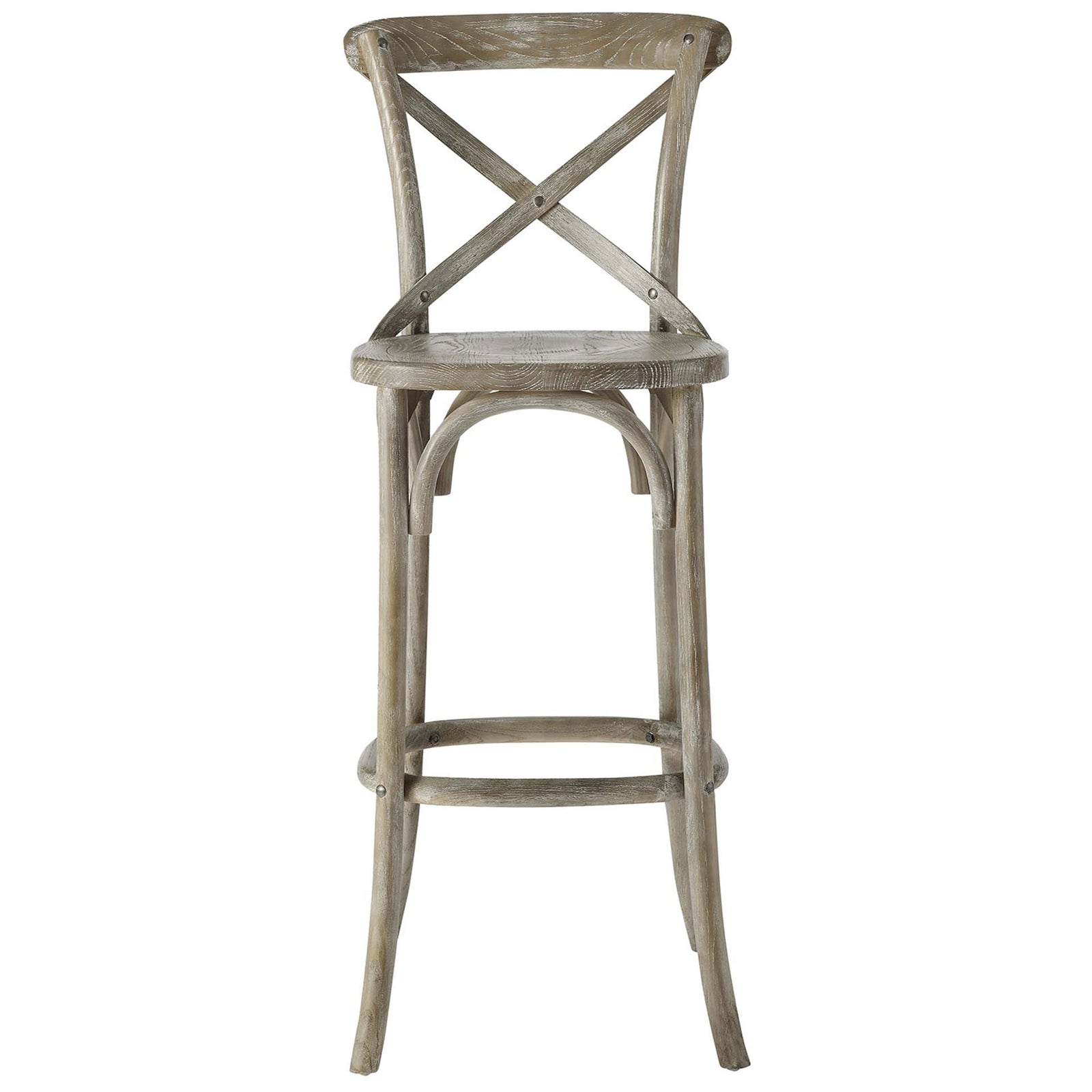 Bar stool in weathered gray elm with signature X-brace back and supportive footrest ring. || EEI-5563-GRY || front_studio