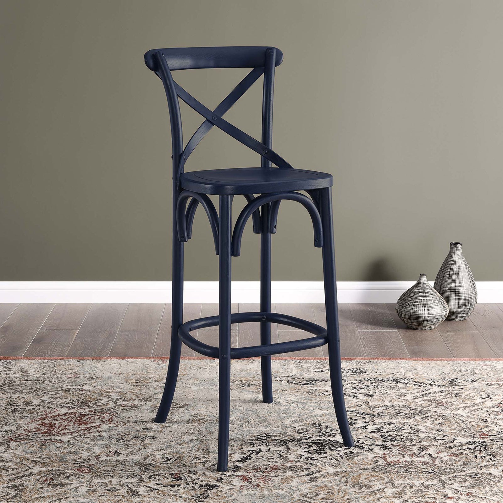 Style a home bar with a midnight blue stool, complete with supportive X-back and footrest. || EEI-5563-MID || front_angle_room