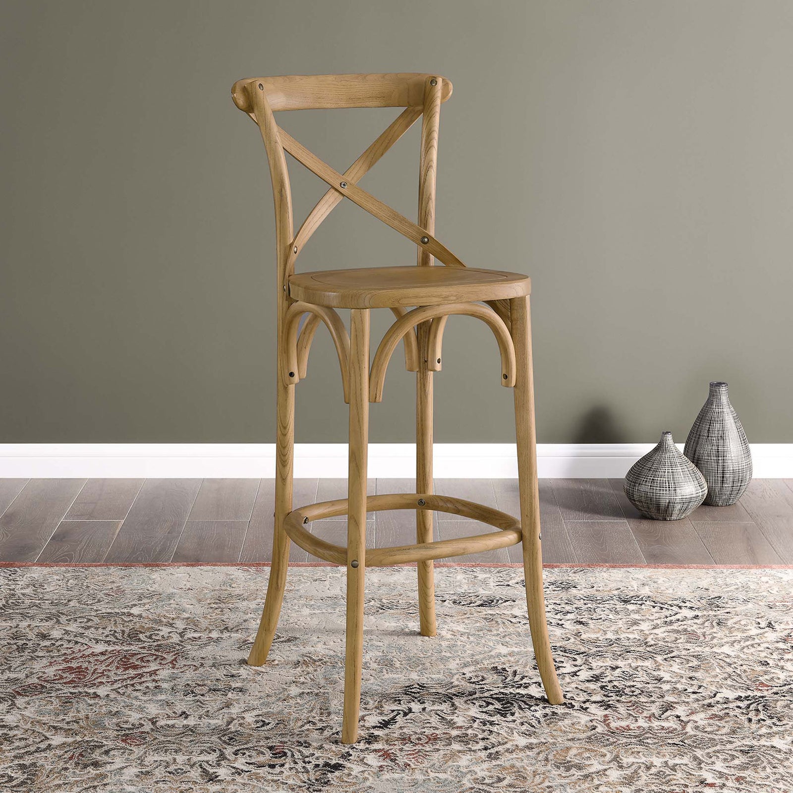 Natural wood bar stool adds rustic elegance to a contemporary dining area || EEI-5563-NAT || front_angle_room