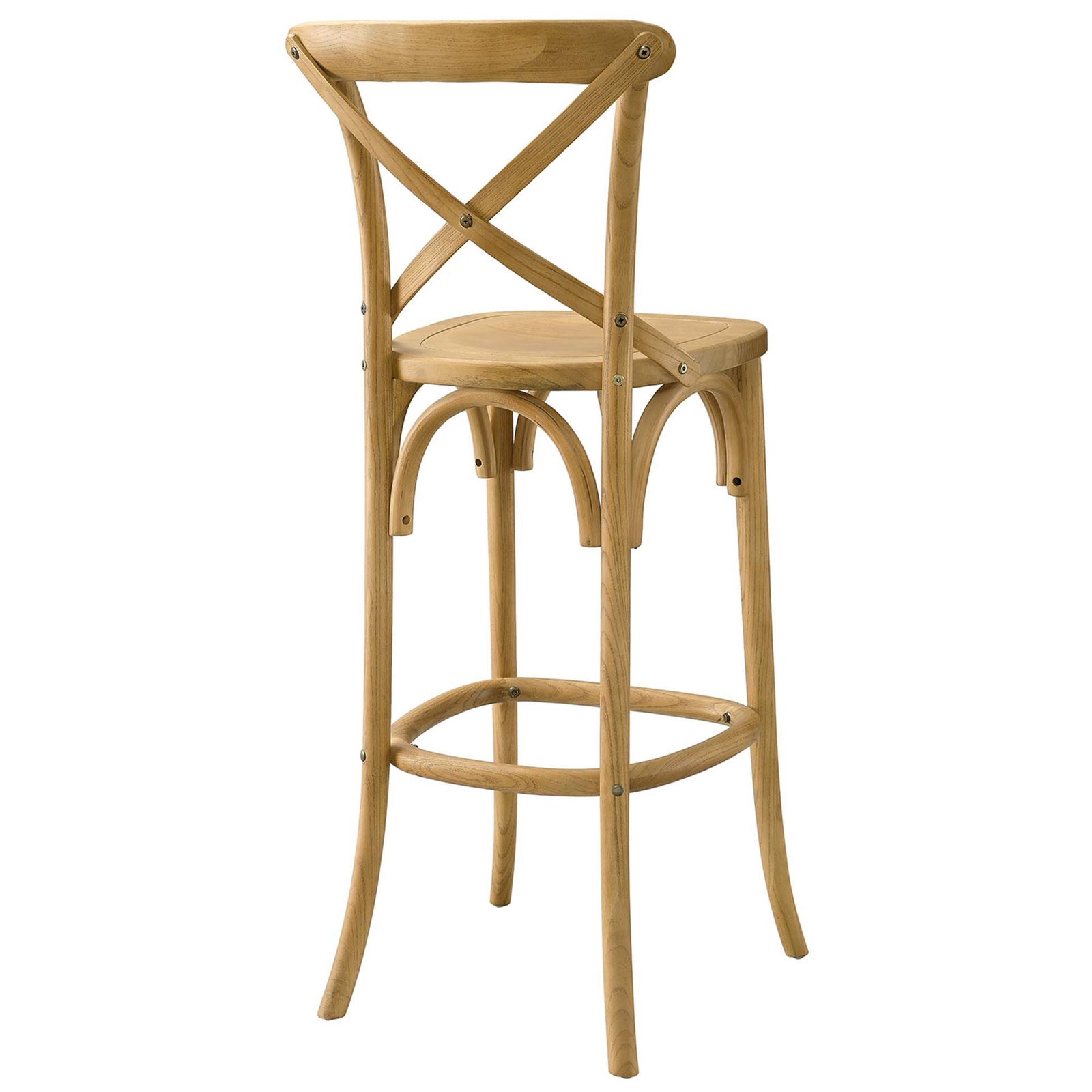 Sturdy elm bar stool showcasing the cross-back and sweeping leg arches || EEI-5563-NAT || back_angle_studio