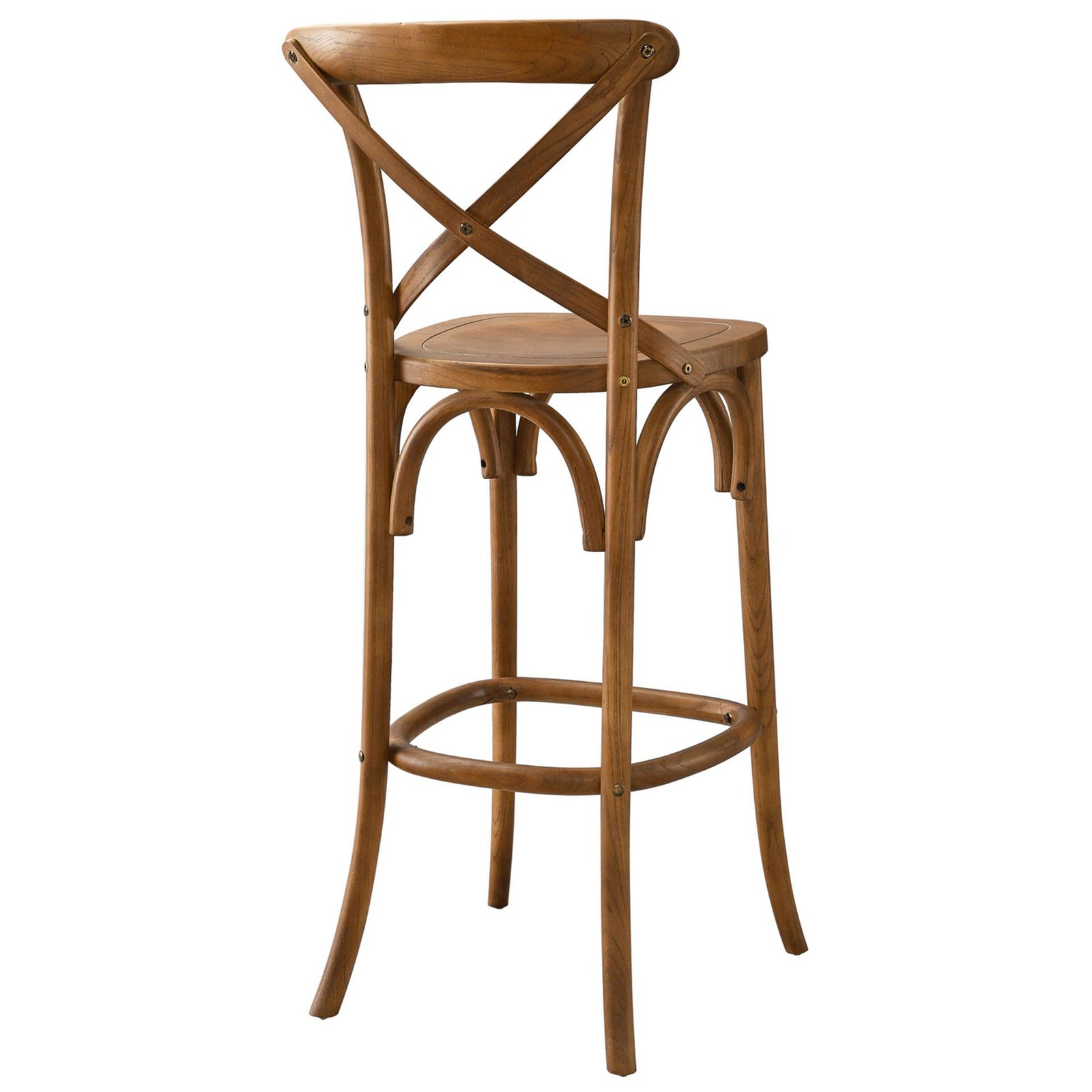 X-back framing and rolled top rail emphasize the bar stool's timeless wood craftsmanship || EEI-5563-WAL || back_angle_studio