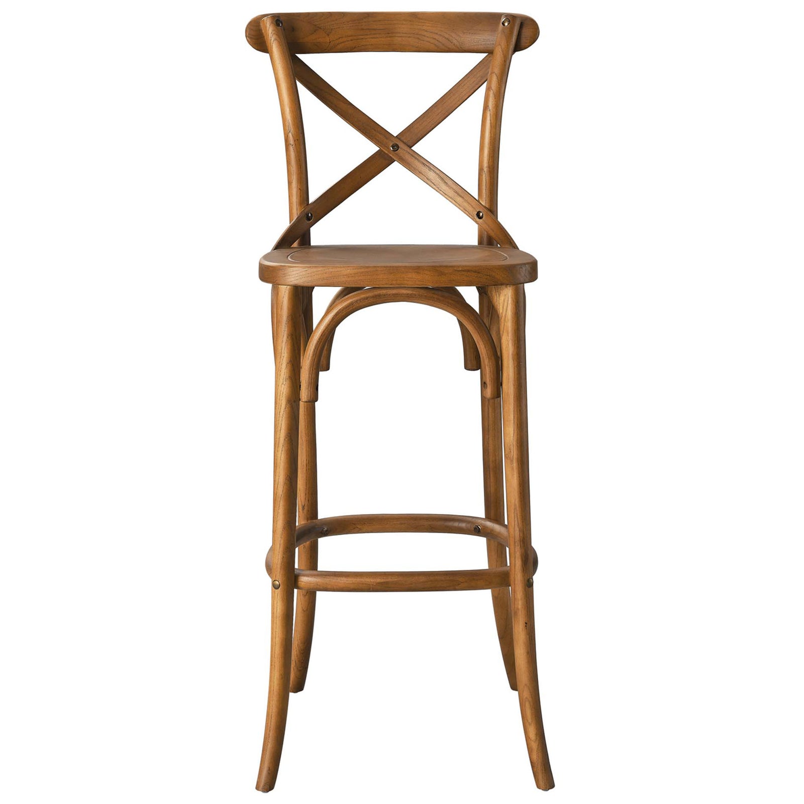 Walnut-finished elm bar stool with X-brace back and arched supports for elevated farmhouse style || EEI-5563-WAL || front_studio