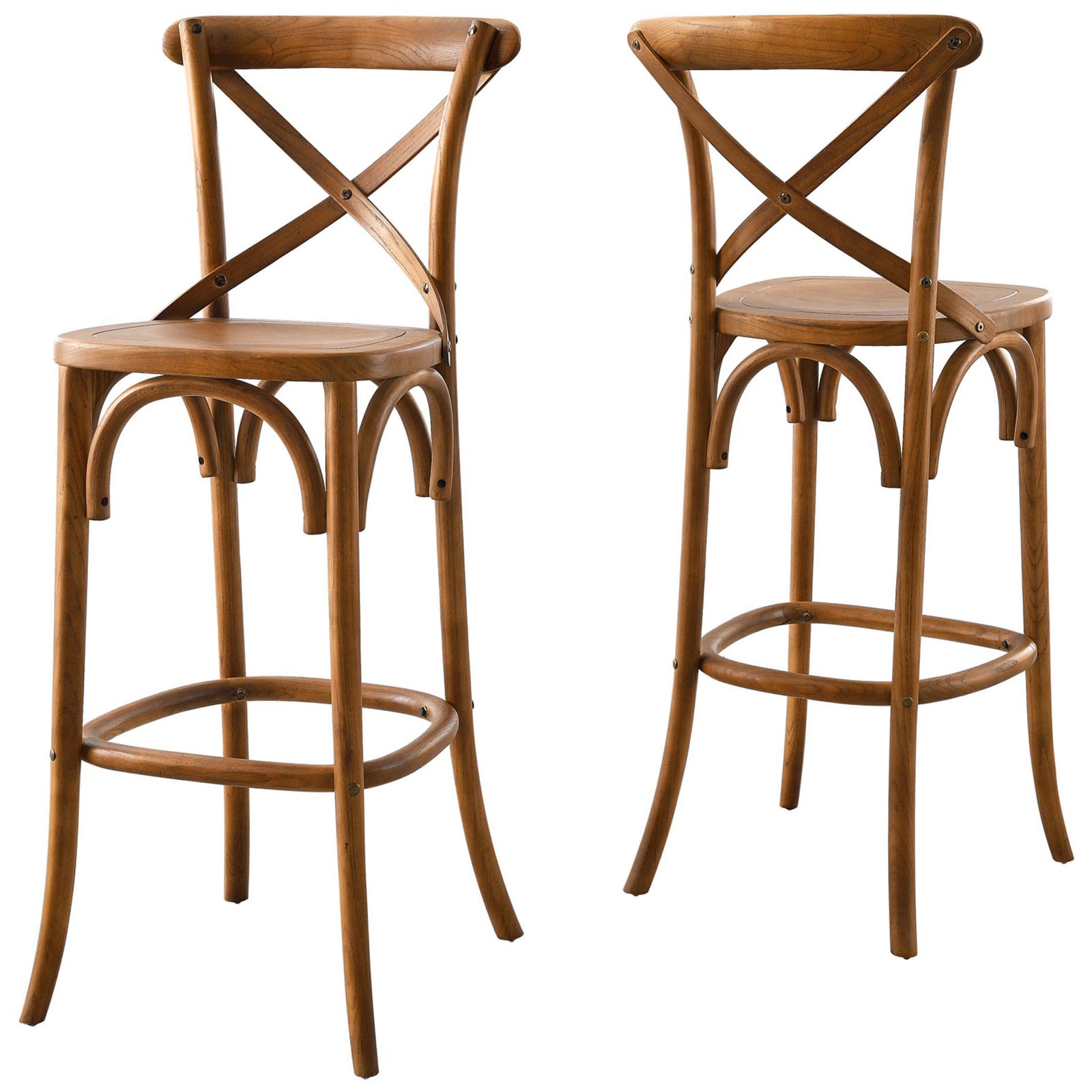 Set of bar stools mirrors the classic cross-back profile and sculpted arches in warm walnut || EEI-5563-WAL || front_angle_studio
