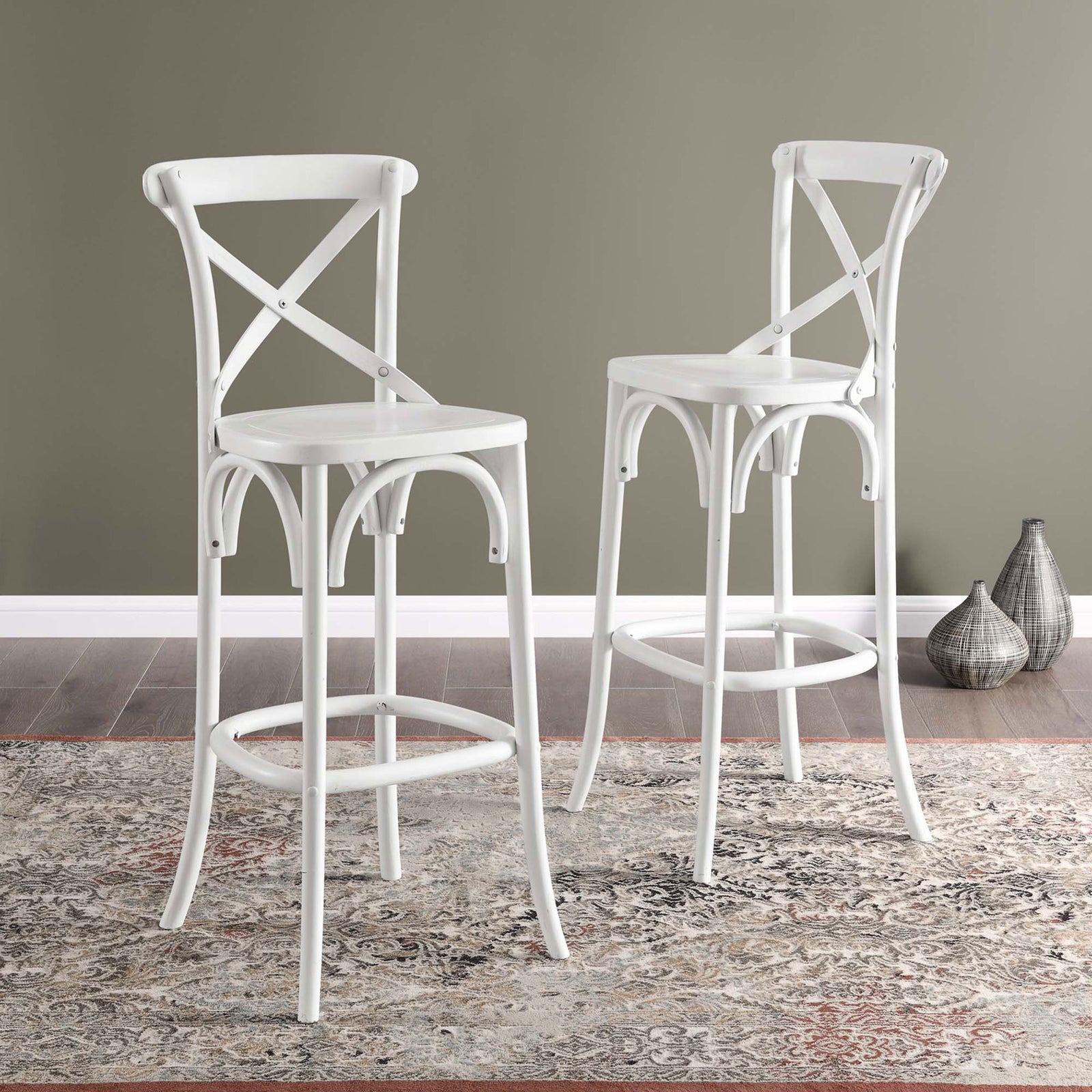 Clean white finish and classic lines make this bar stool a versatile fit for many decor styles || EEI-5563-WHI || front_angle_room