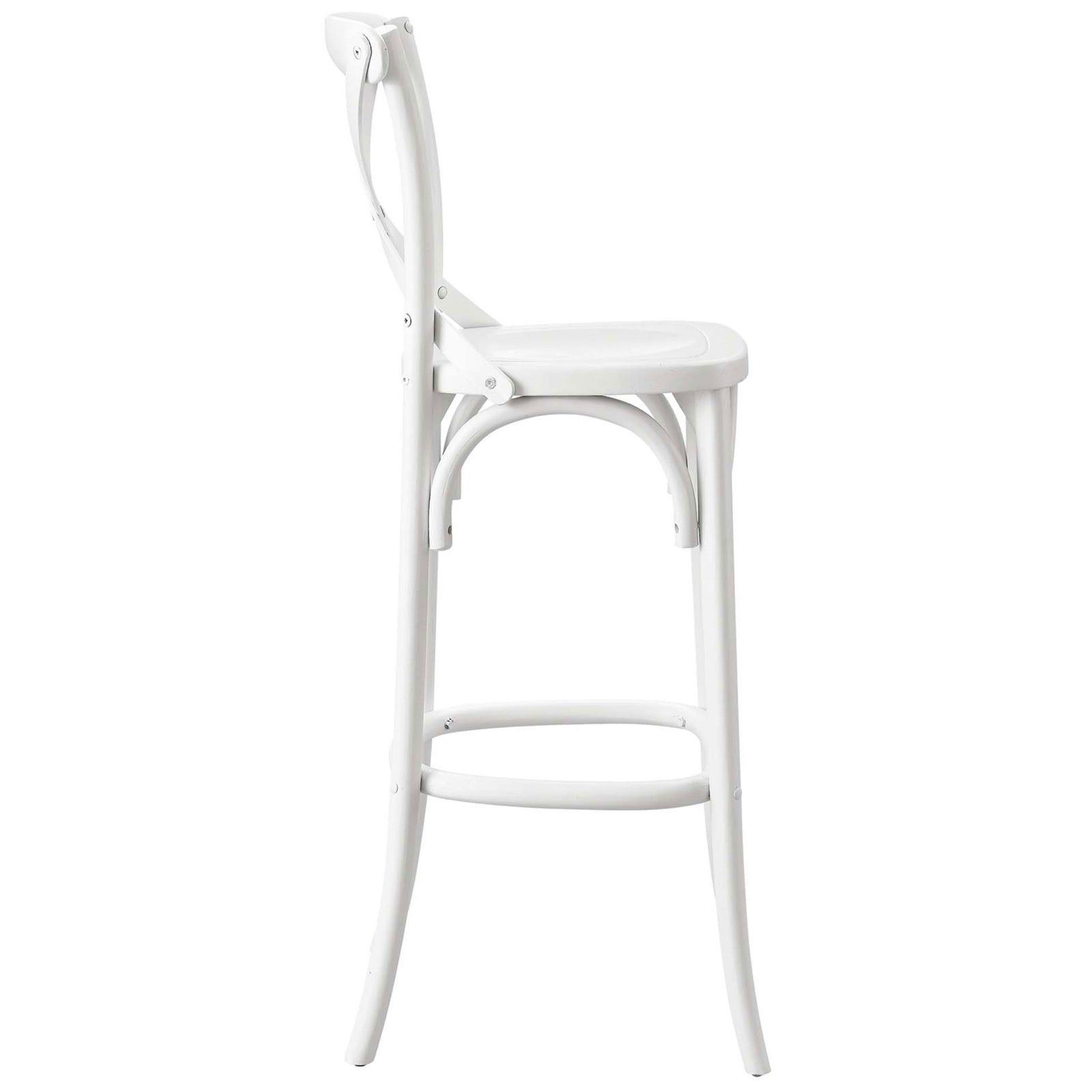 Splayed legs and circular footrest give this white bar stool a graceful, lightweight look || EEI-5563-WHI || side_studio