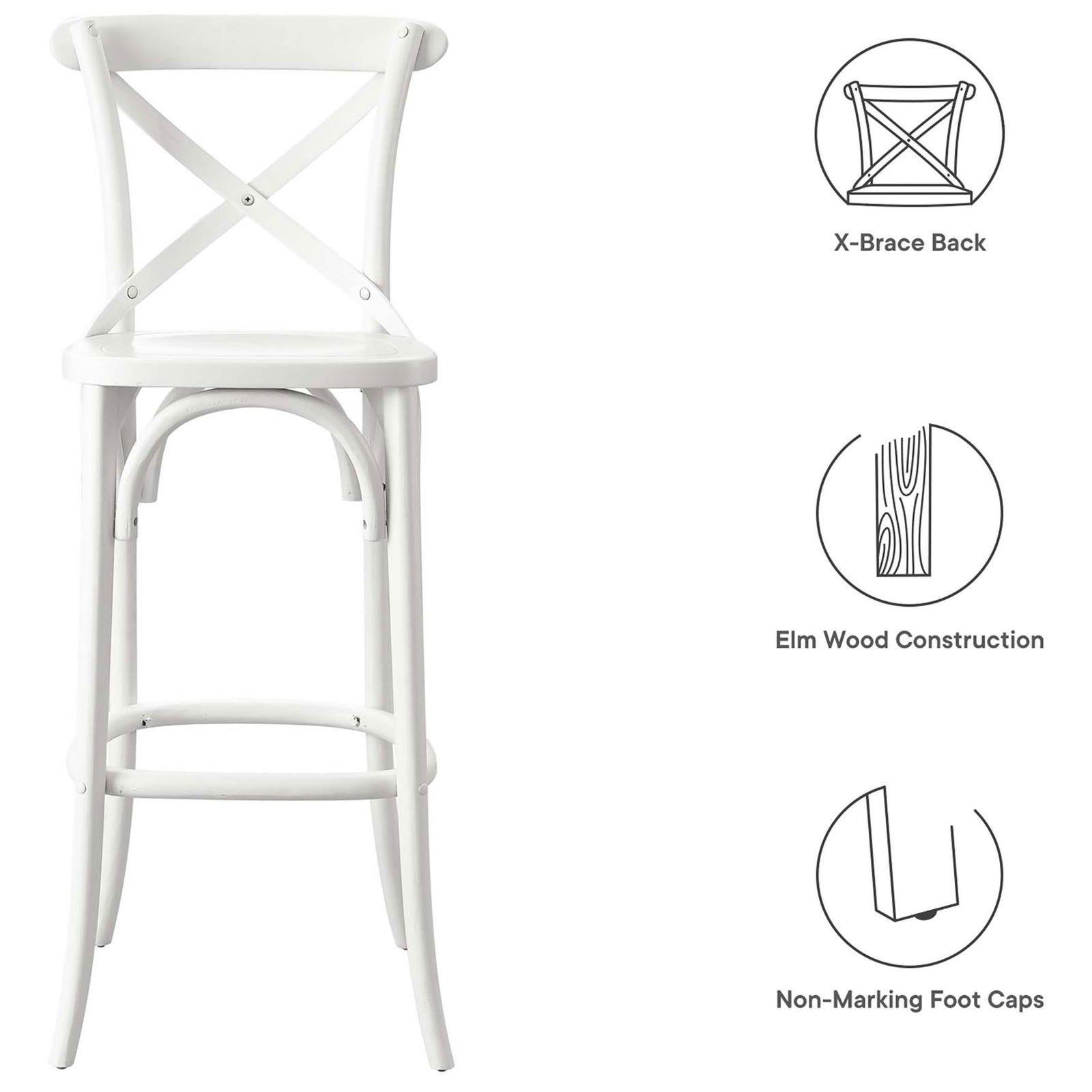 X-brace back, elm wood build, and non-marking foot caps deliver lasting kitchen performance || EEI-5563-WHI || callout_studio