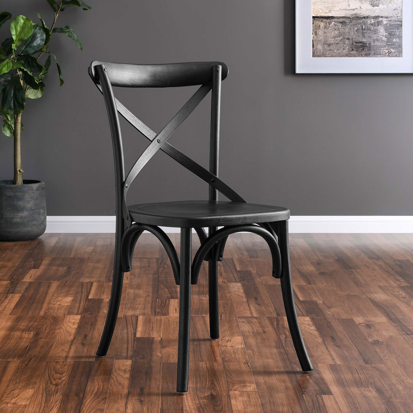 Black farmhouse dining chair with X-back styled in a modern gray and wood dining space || EEI-5564-BLK || front_angle_room