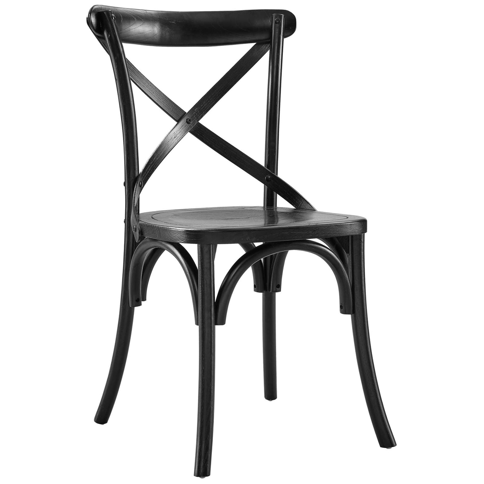 Black X-back dining chair with sculpted round seat and arched under-seat supports || EEI-5564-BLK || front_angle_studio