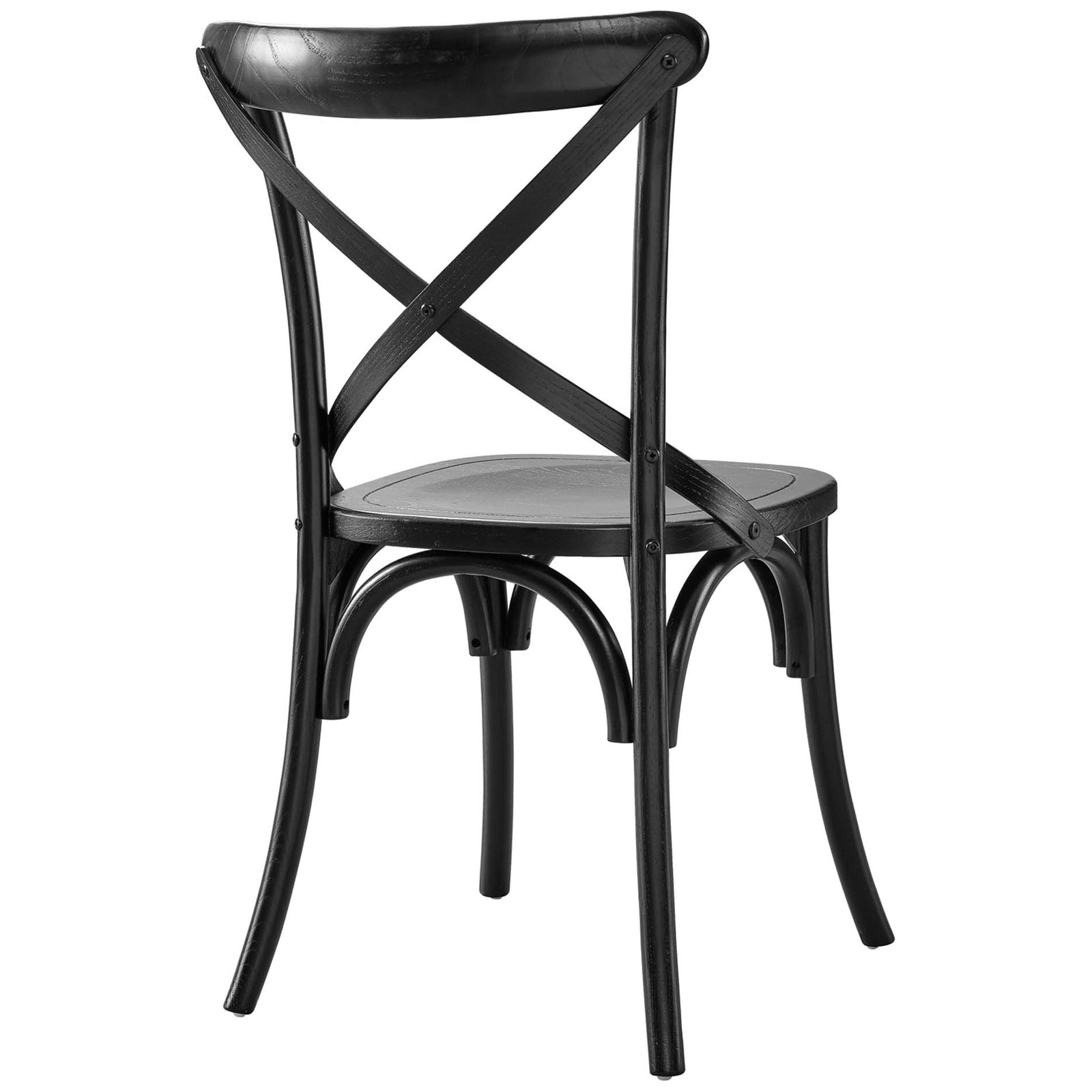 Back of black X-back dining chair highlighting cross brace and arching frame || EEI-5564-BLK || back_angle_studio
