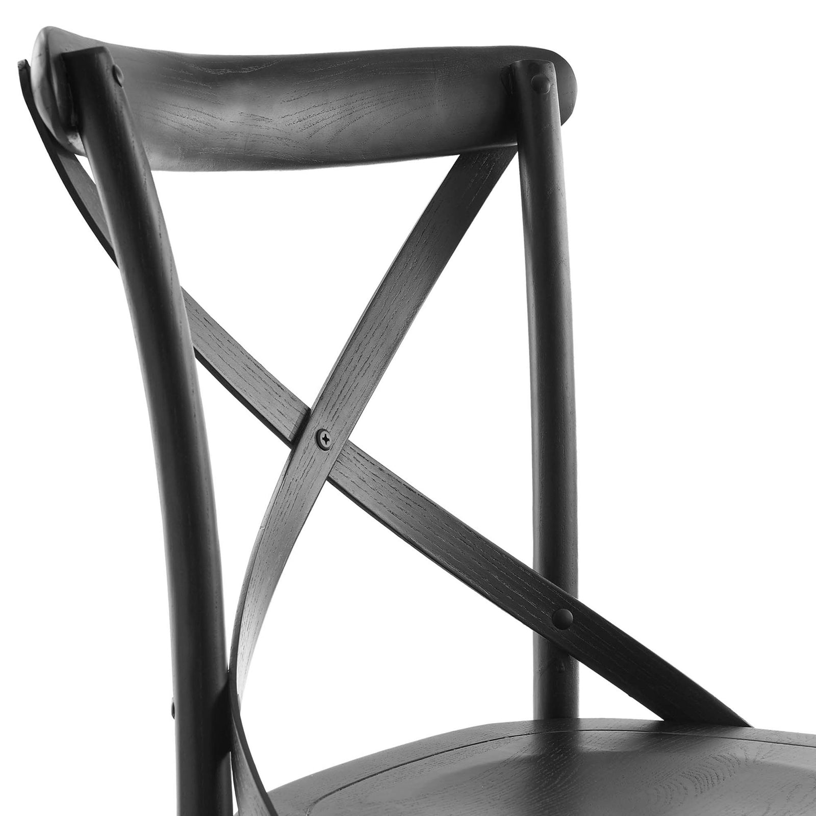 Smooth elm wood backrest with X-brace detail on this black farmhouse dining chair || EEI-5564-BLK || detail_studio