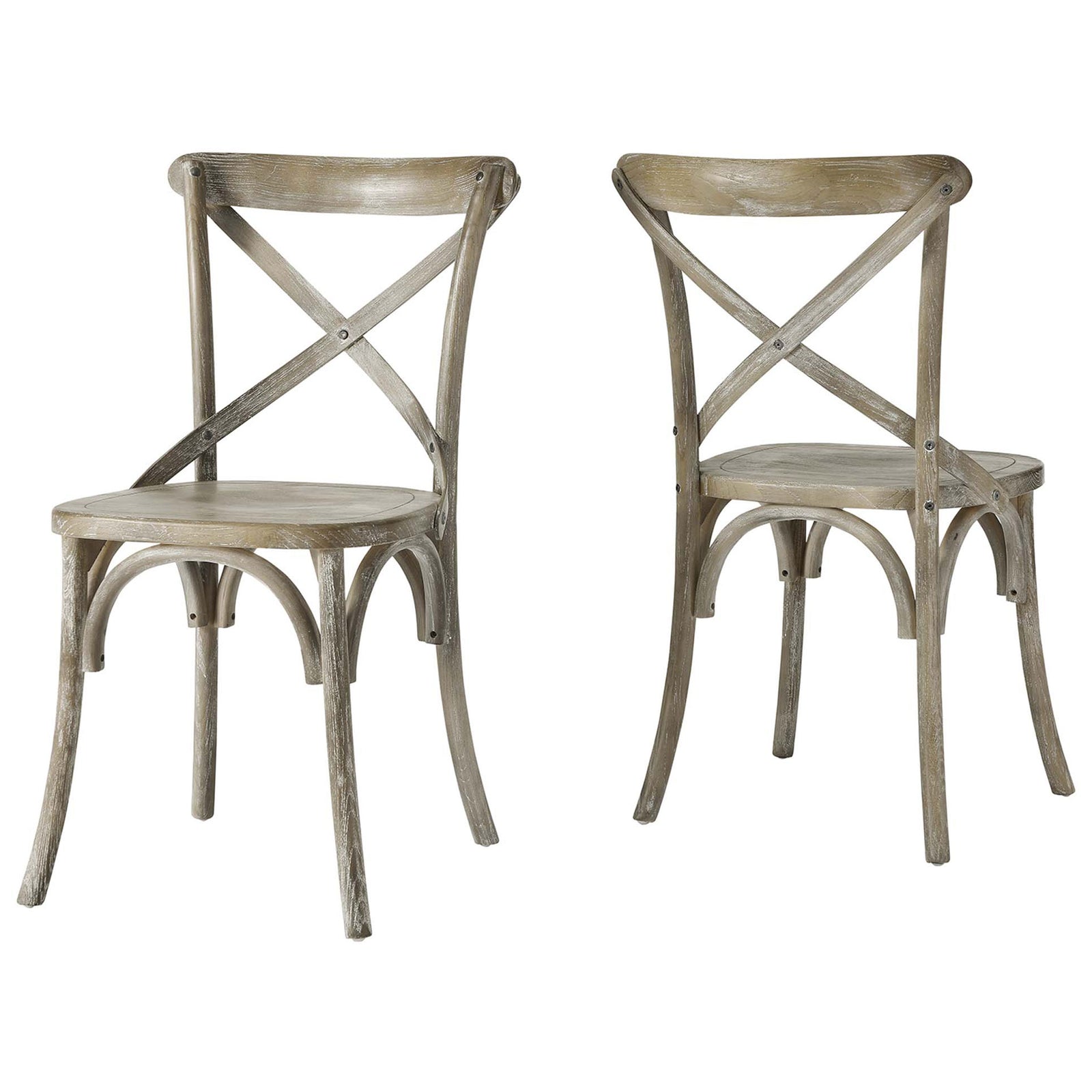 Pair of gray cross-back dining chairs showcasing front and back details in a rustic wood finish || EEI-5564-GRY || front_angle_studio