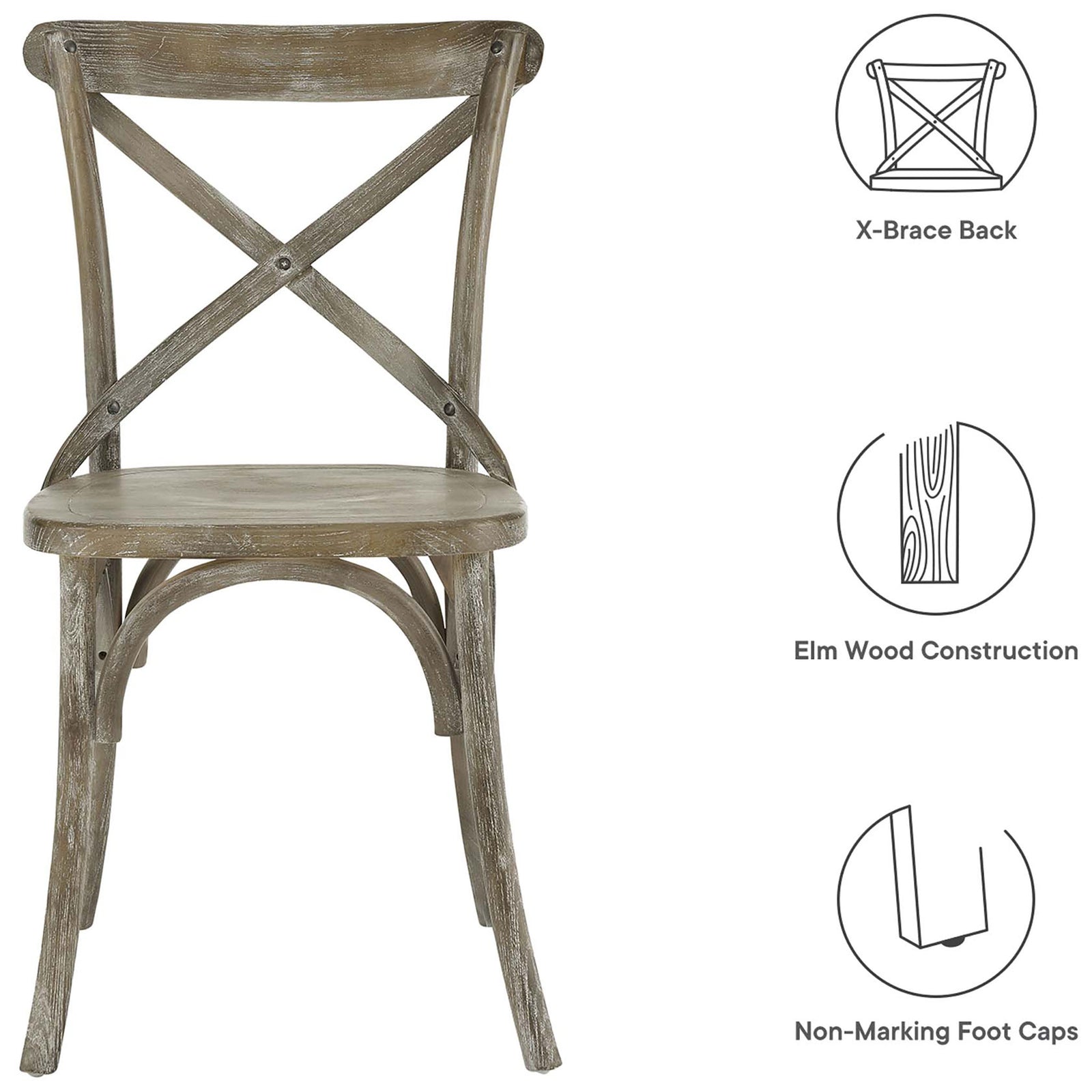 Gray Gear dining chair with illustrated callouts for X-back design, elm wood frame, and floor-safe caps || EEI-5564-GRY || callout_studio